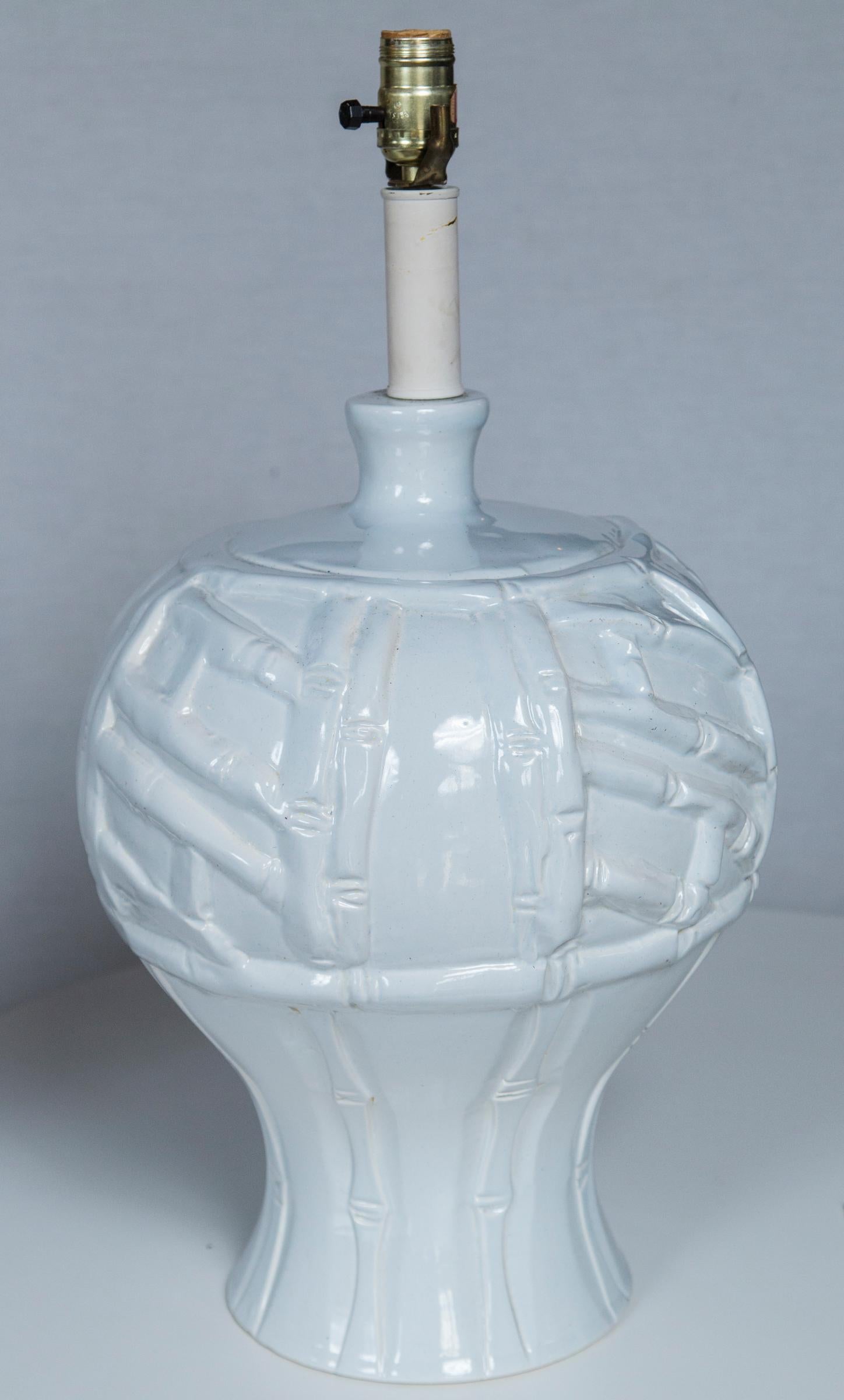 Late 20th Century Pair of Large White Ceramic Faux Bamboo Lamps, 1970s For Sale