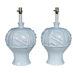 Pair of Large White Ceramic Faux Bamboo Lamps, 1970s