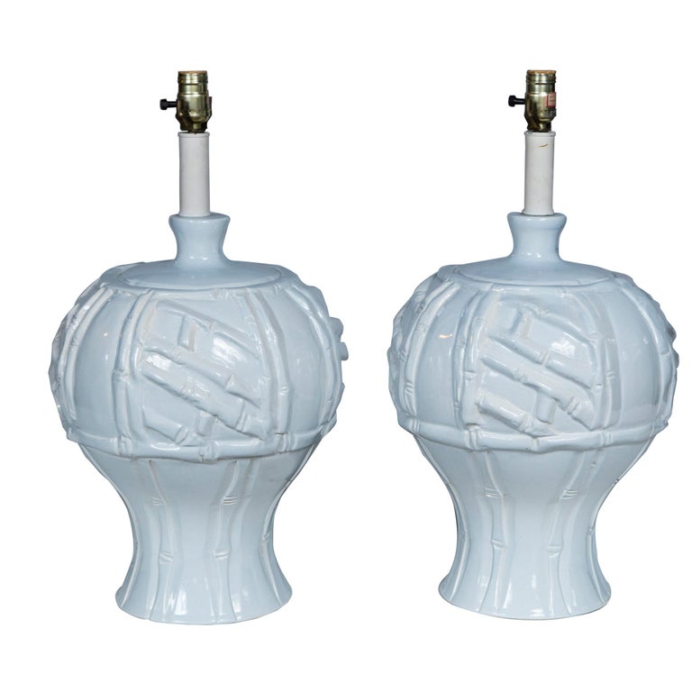 Pair of Large White Ceramic Faux Bamboo Lamps, 1970s For Sale