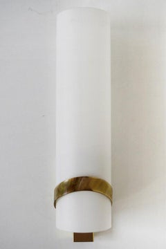 Pair of Large White Glass and Brass Stilnovo Wall Lights Sconces, Italy, 1950s