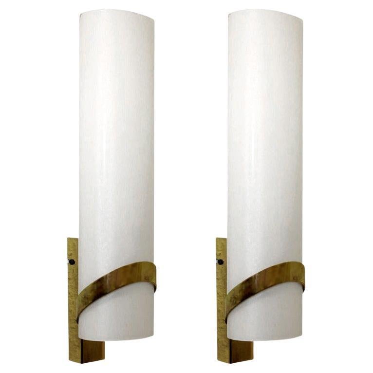 Pair of Large White Glass and Brass Stilnovo Wall Lights Sconces, Italy, 1950s For Sale