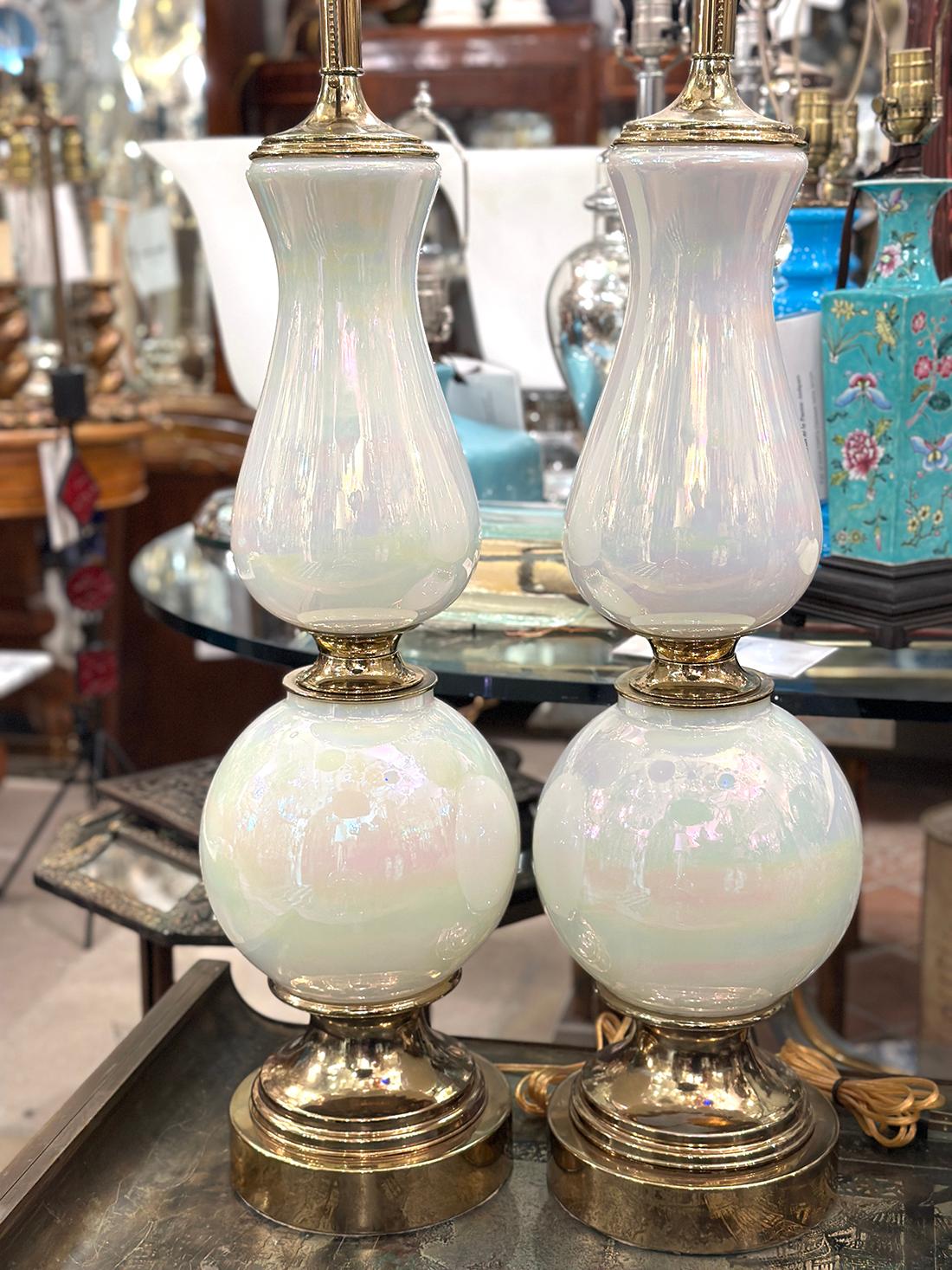 Metal Pair of Large White Glass Lamps For Sale