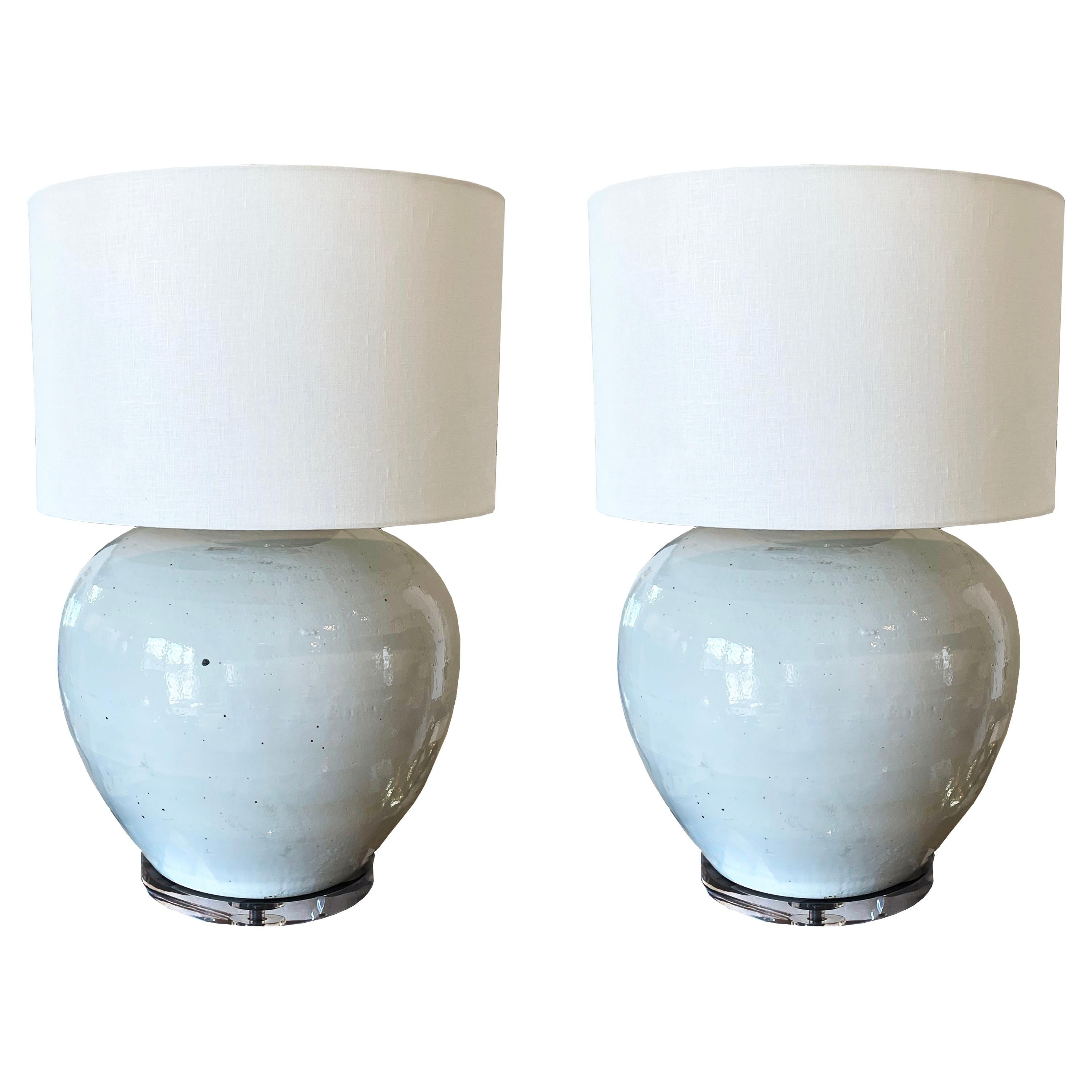Pair of Large White Glazed Pottery Lamps