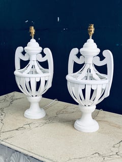 Pair of Large White Painted Neoclassical Wooden Table Lamps