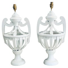 Pair of Large White Painted Neoclassical Wooden Table Lamps