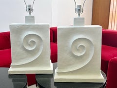 Pair of Large White Plaster Table Lamps with Tribal Fibonacci Spiral