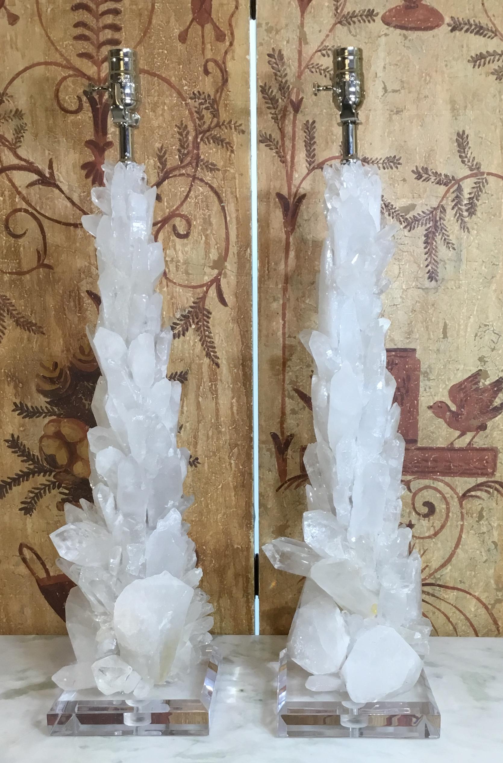 Pair of Large White Quartz Crystal Table Lamps For Sale 5