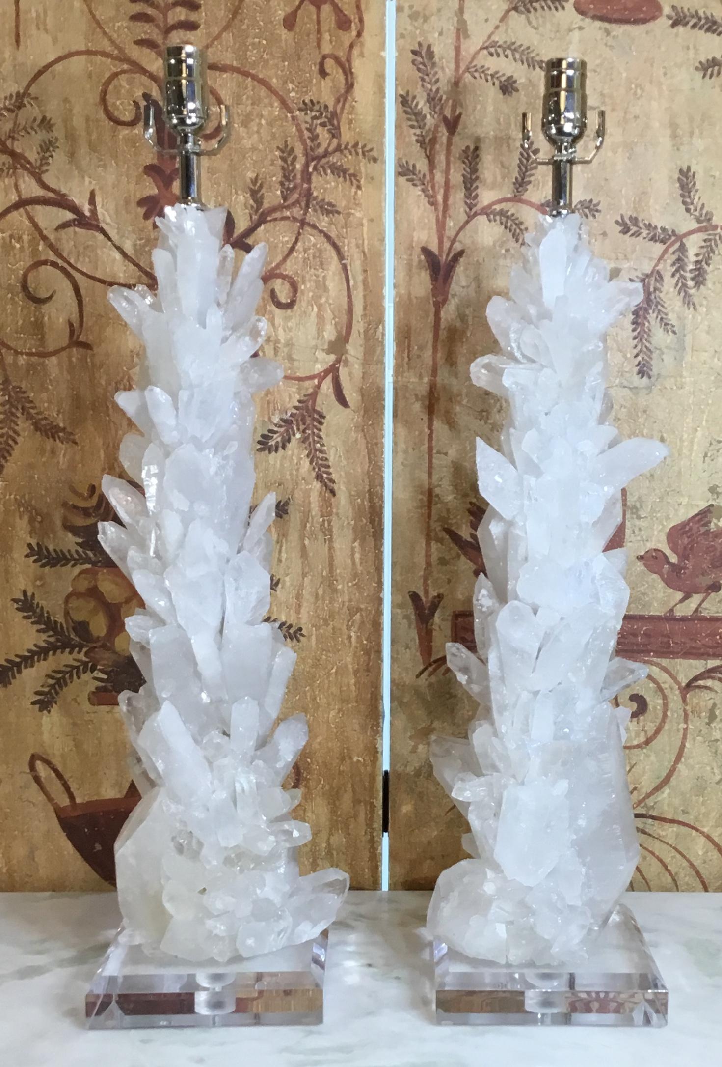 Pair of Large White Quartz Crystal Table Lamps For Sale 6