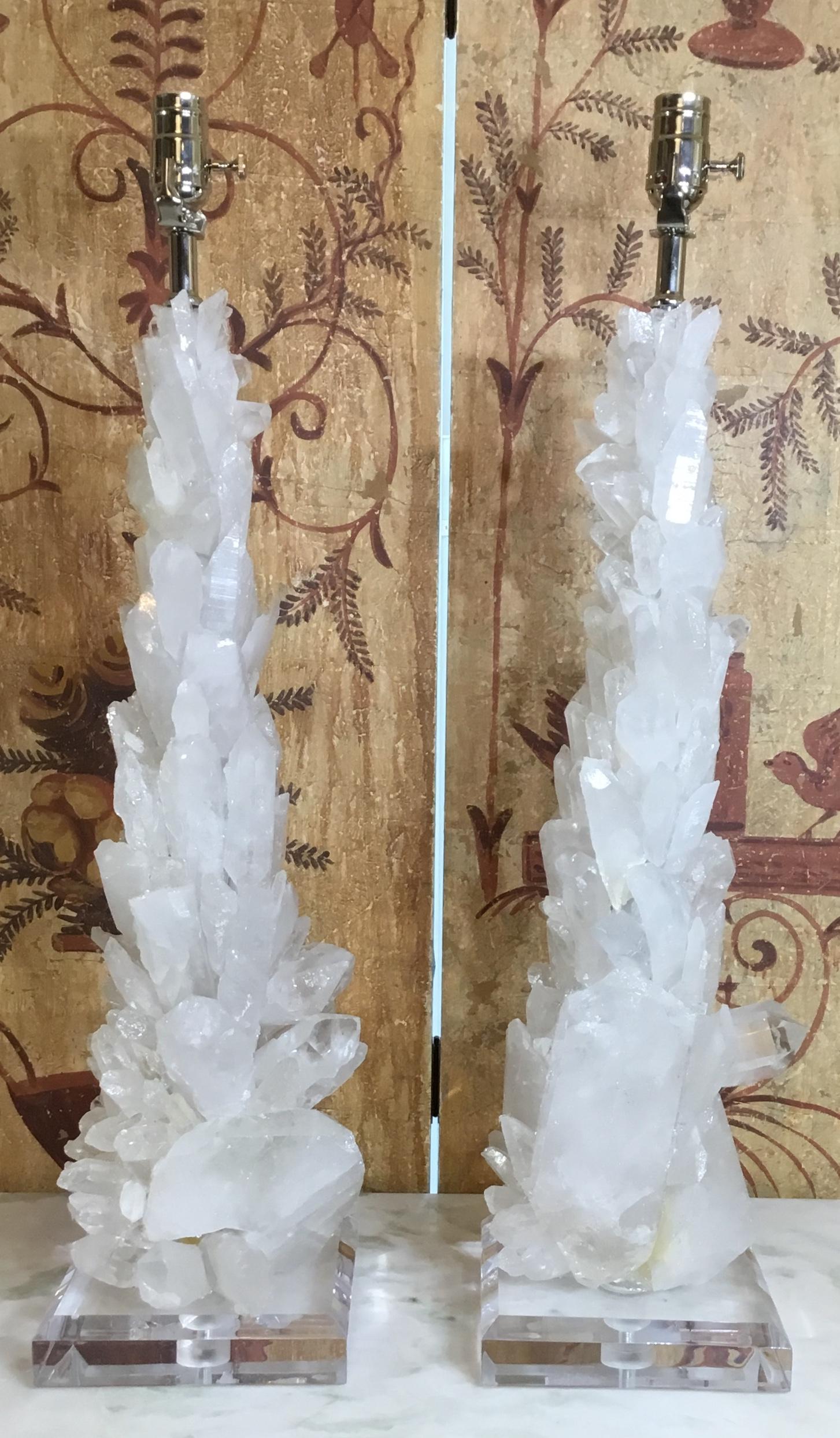 Pair of Large White Quartz Crystal Table Lamps For Sale 7