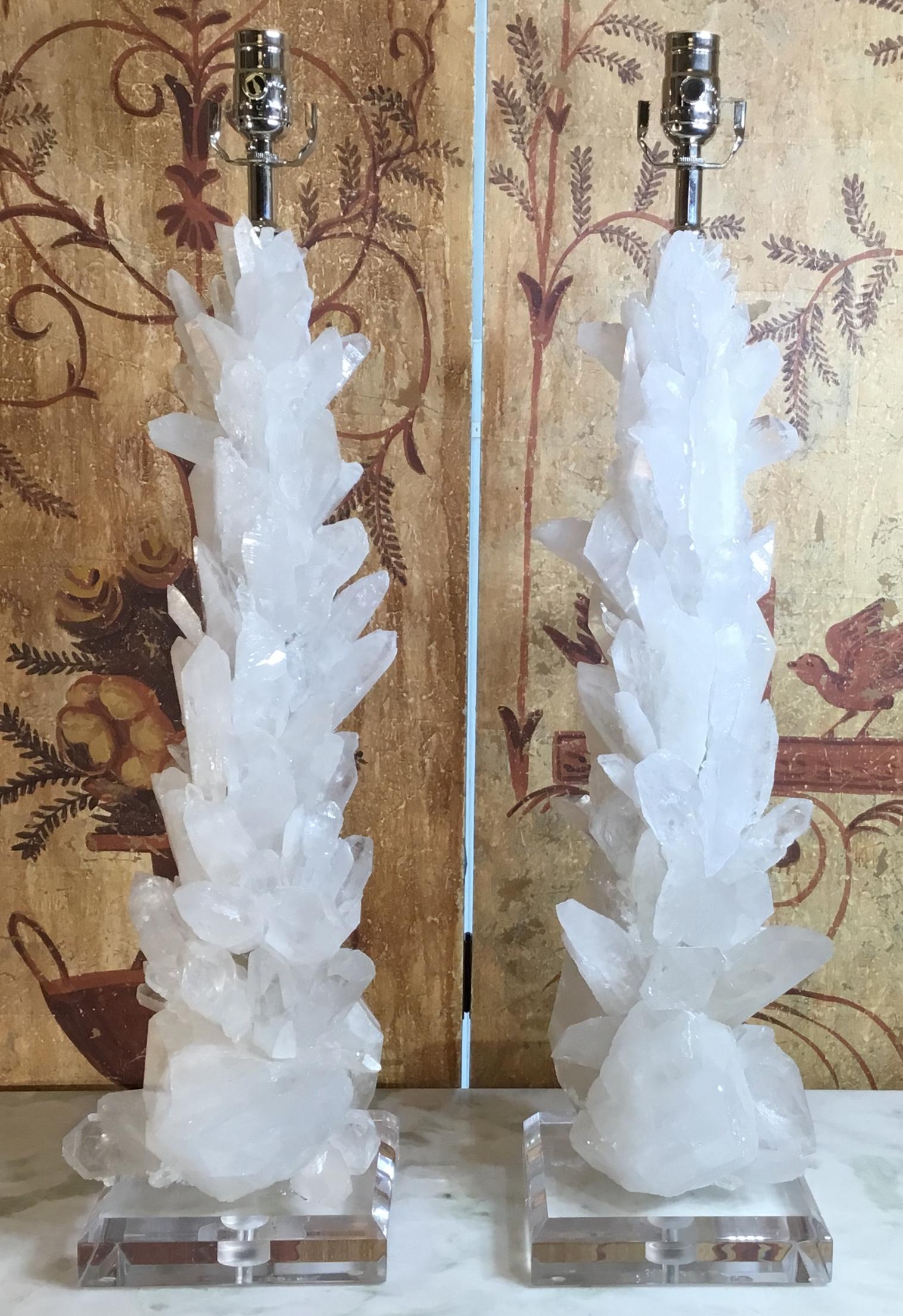 Pair of Large White Quartz Crystal Table Lamps For Sale 8