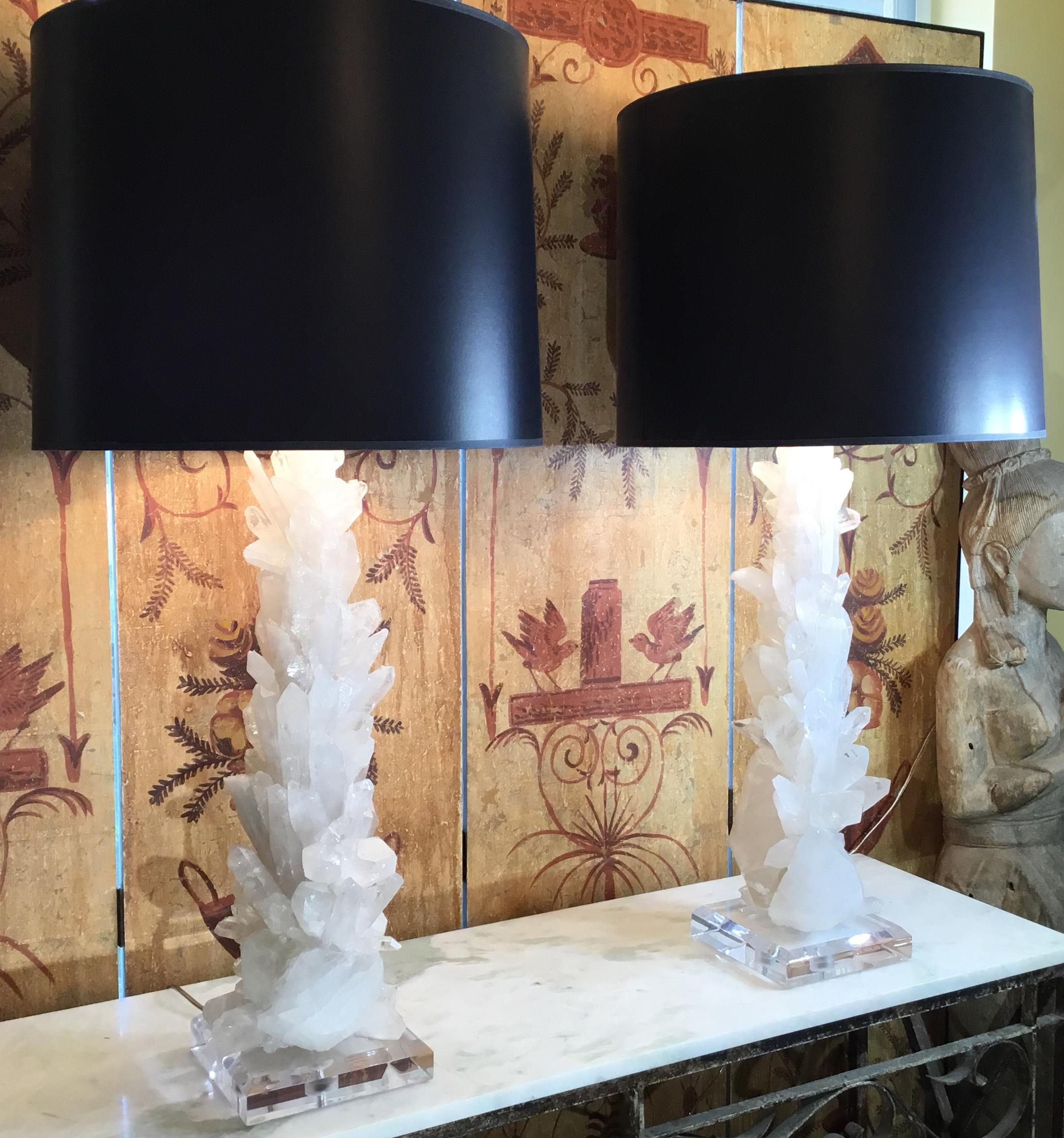 American Pair of Large White Quartz Crystal Table Lamps For Sale