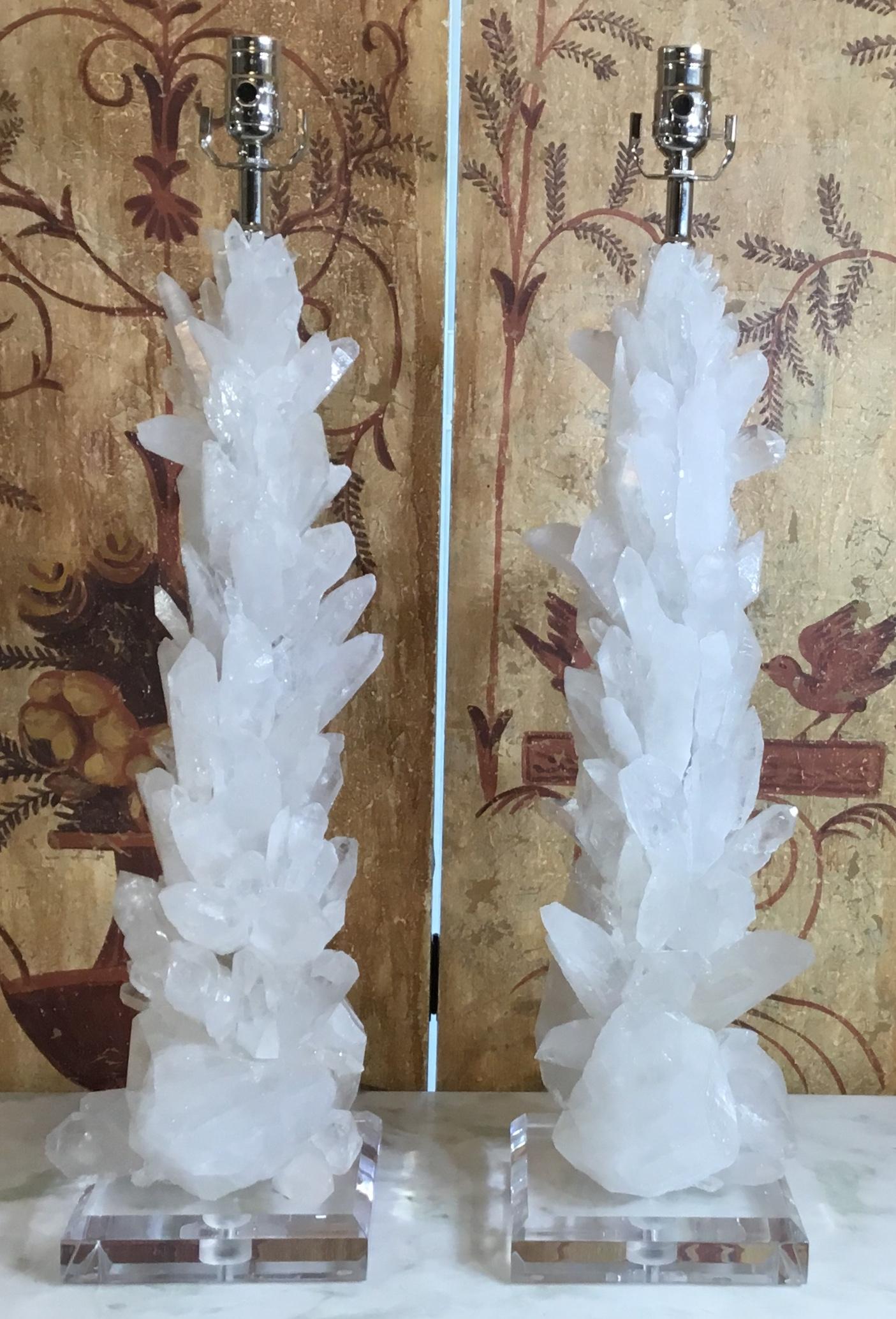 Contemporary Pair of Large White Quartz Crystal Table Lamps For Sale