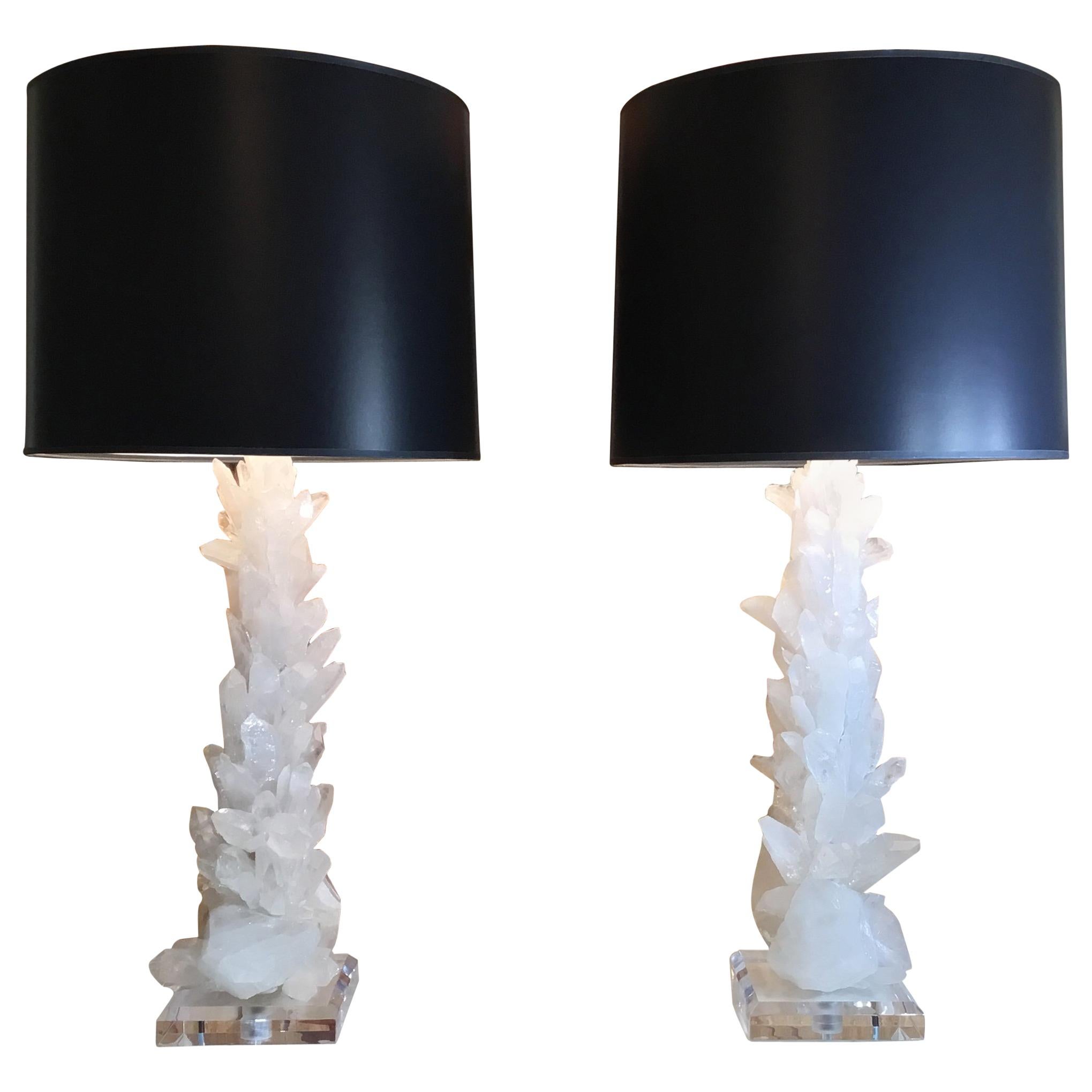 Pair of Large White Quartz Crystal Table Lamps