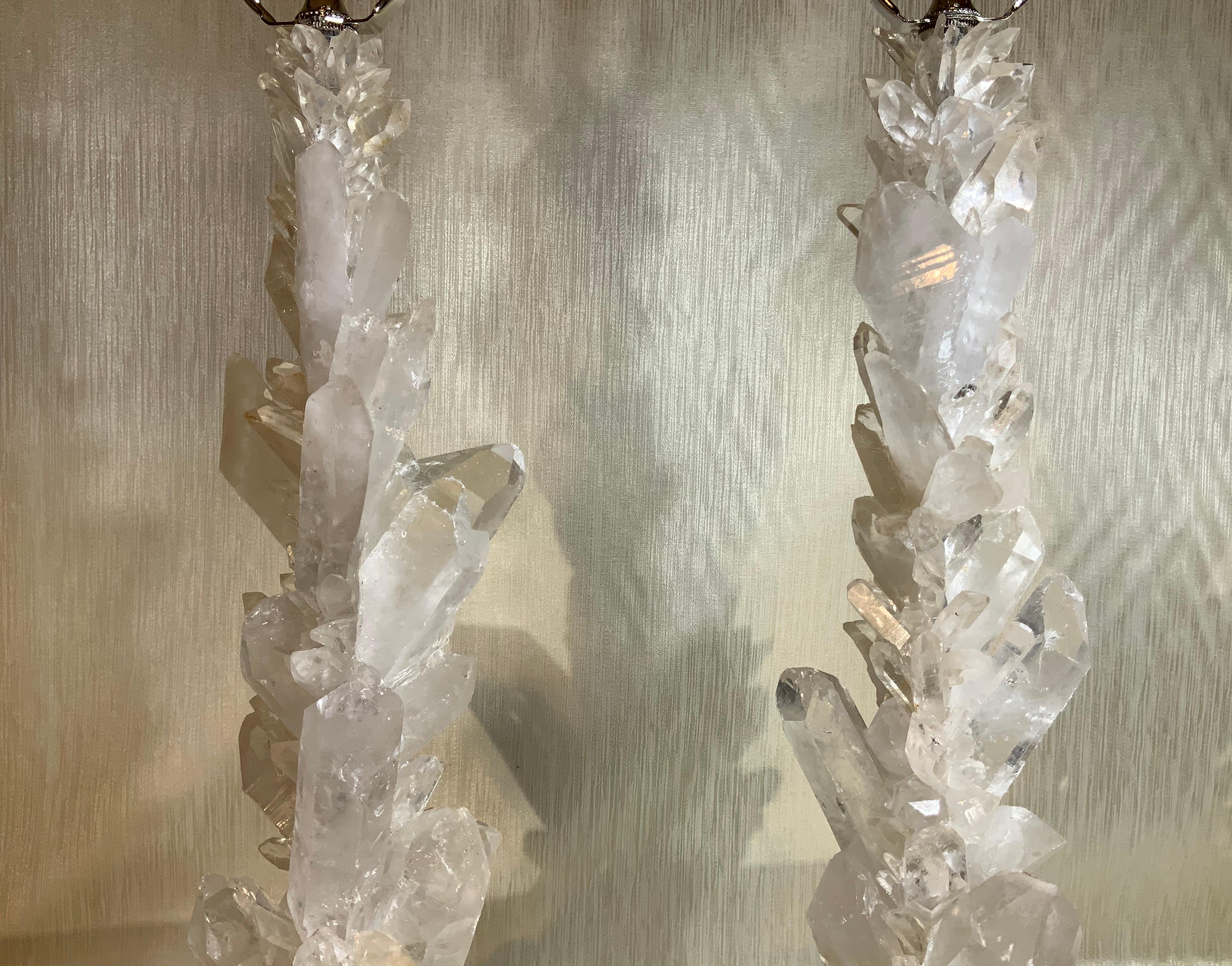 Bronze Pair of Large White Rock Quartz Crystal Table Lamps by, Joseph Malekan