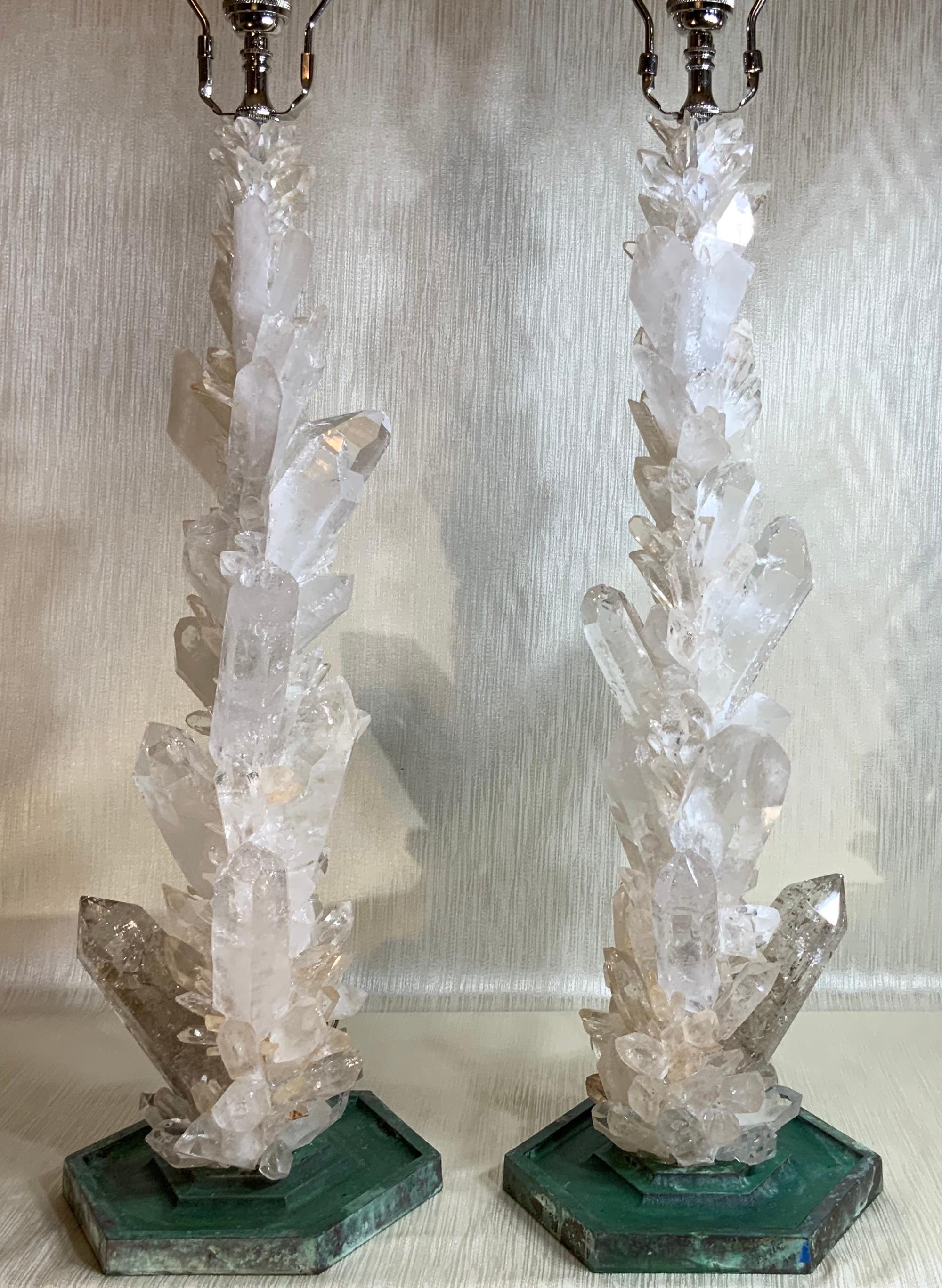 American Pair of Large White Rock Quartz Crystal Table Lamps by, Joseph Malekan