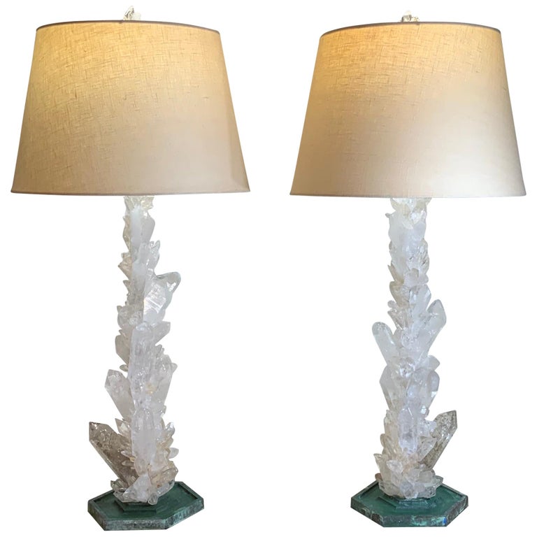 Pair Of Large White Rock Quartz Crystal, White Crystal Table Lamps