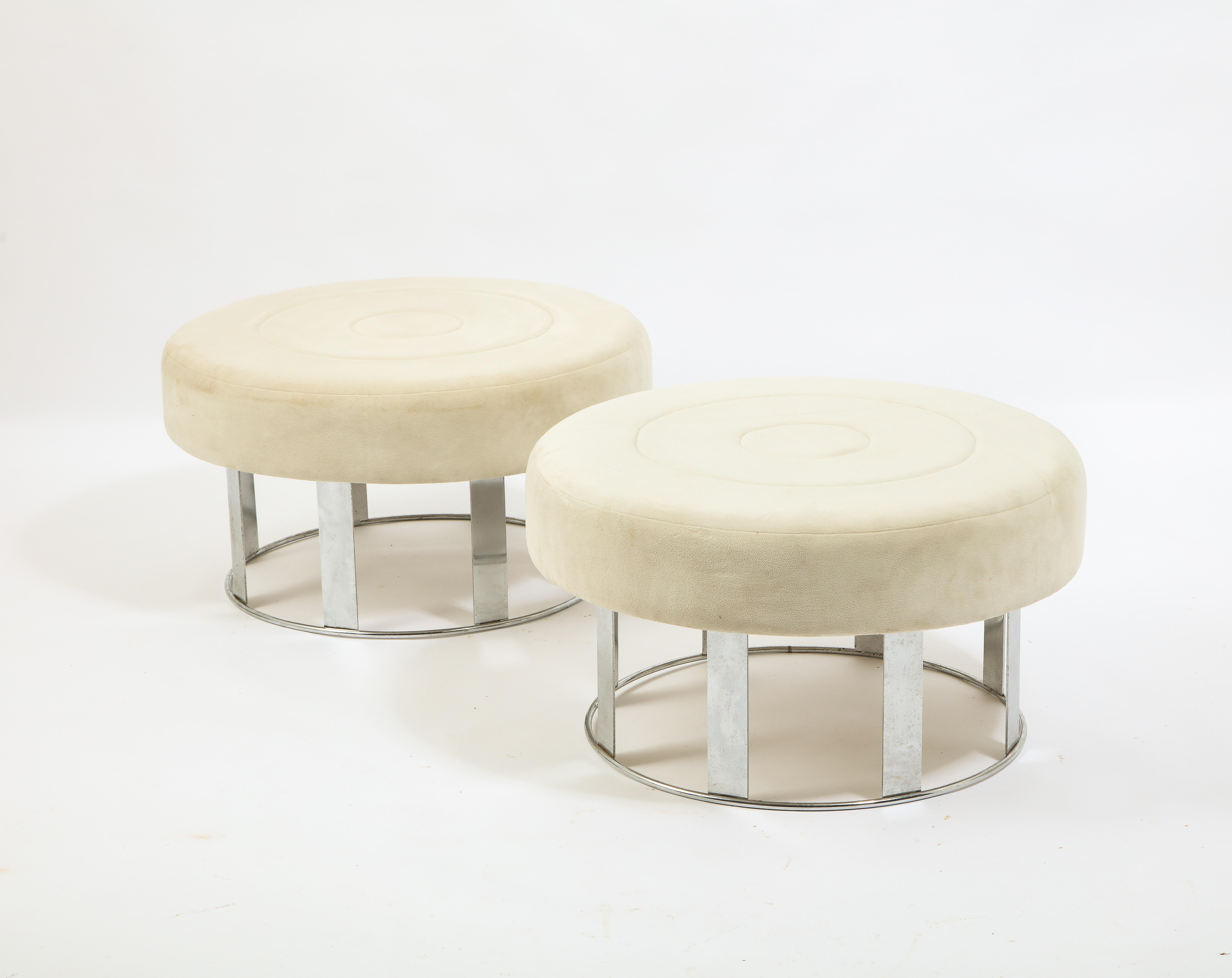 Pair of Large Round Chrome & White Velvet Ottomans, USA 1970's In Good Condition For Sale In New York, NY