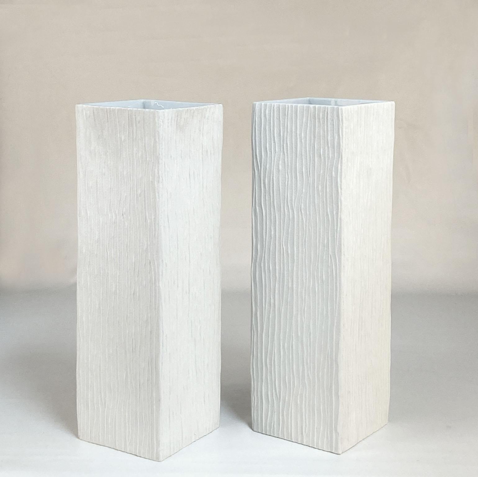 Mid-Century Modern Pair of Large White Square Relief Vases by Hutschenreuther For Sale