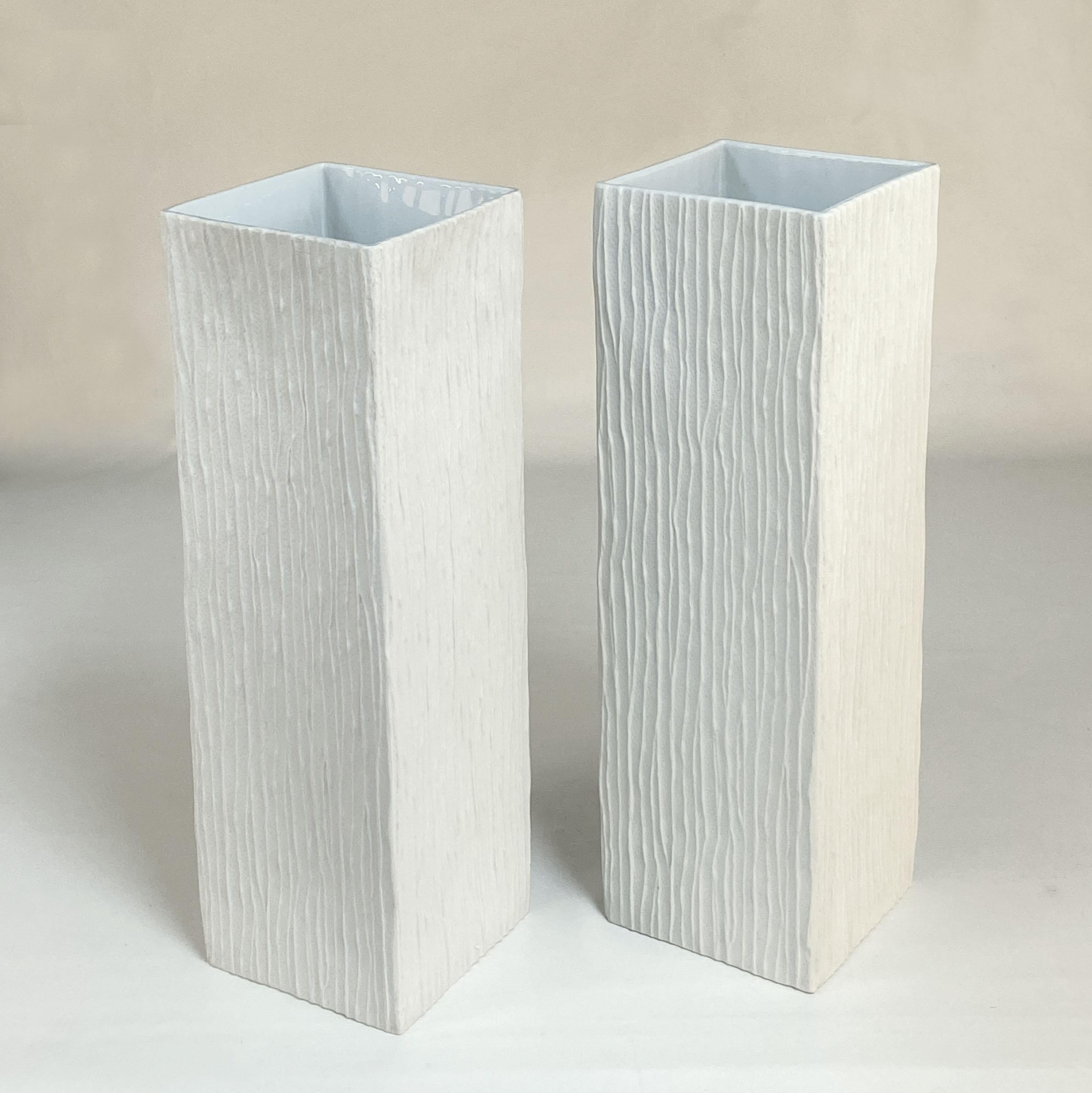 German Pair of Large White Square Relief Vases by Hutschenreuther For Sale