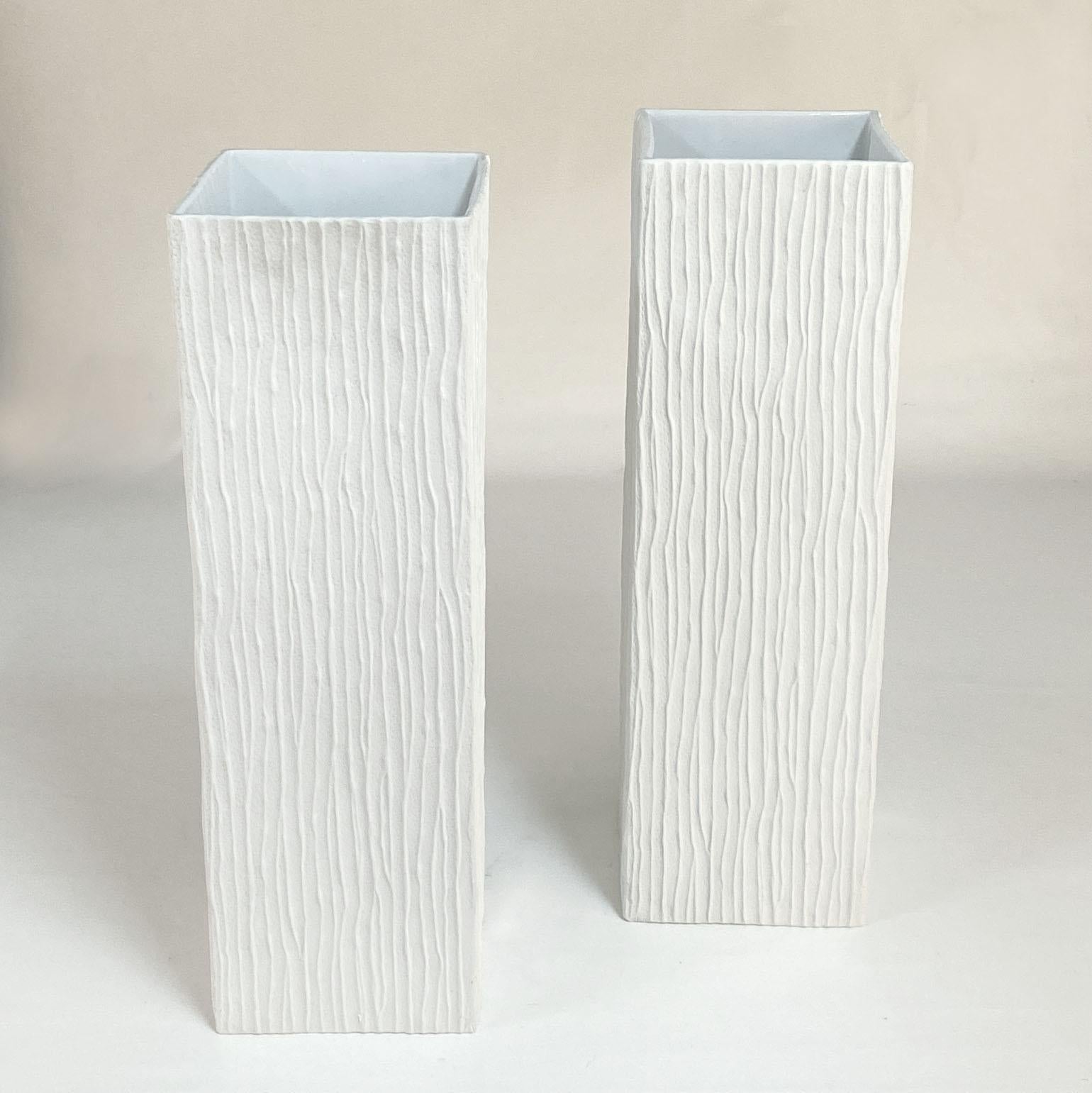 Cast Pair of Large White Square Relief Vases by Hutschenreuther For Sale