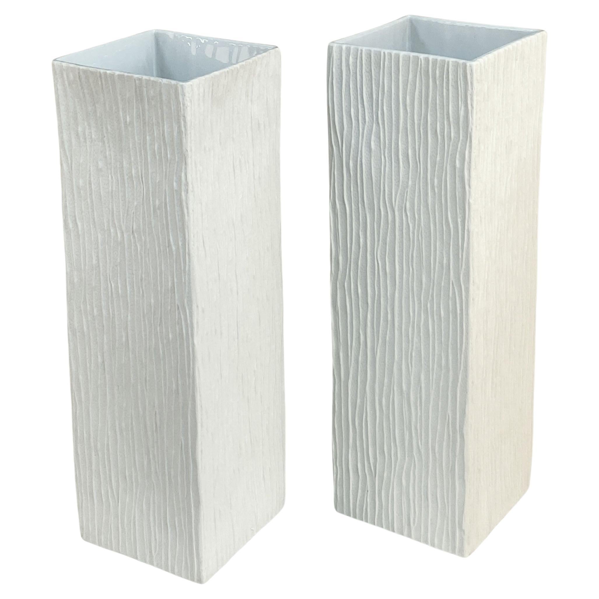Pair of Large White Square Relief Vases by Hutschenreuther For Sale