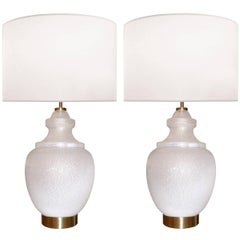 Pair of Large White Textured Glass Lamps