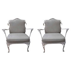 Pair of Large White Vintage Woodard Wrought Iron Arm Chairs Mid Century Modern