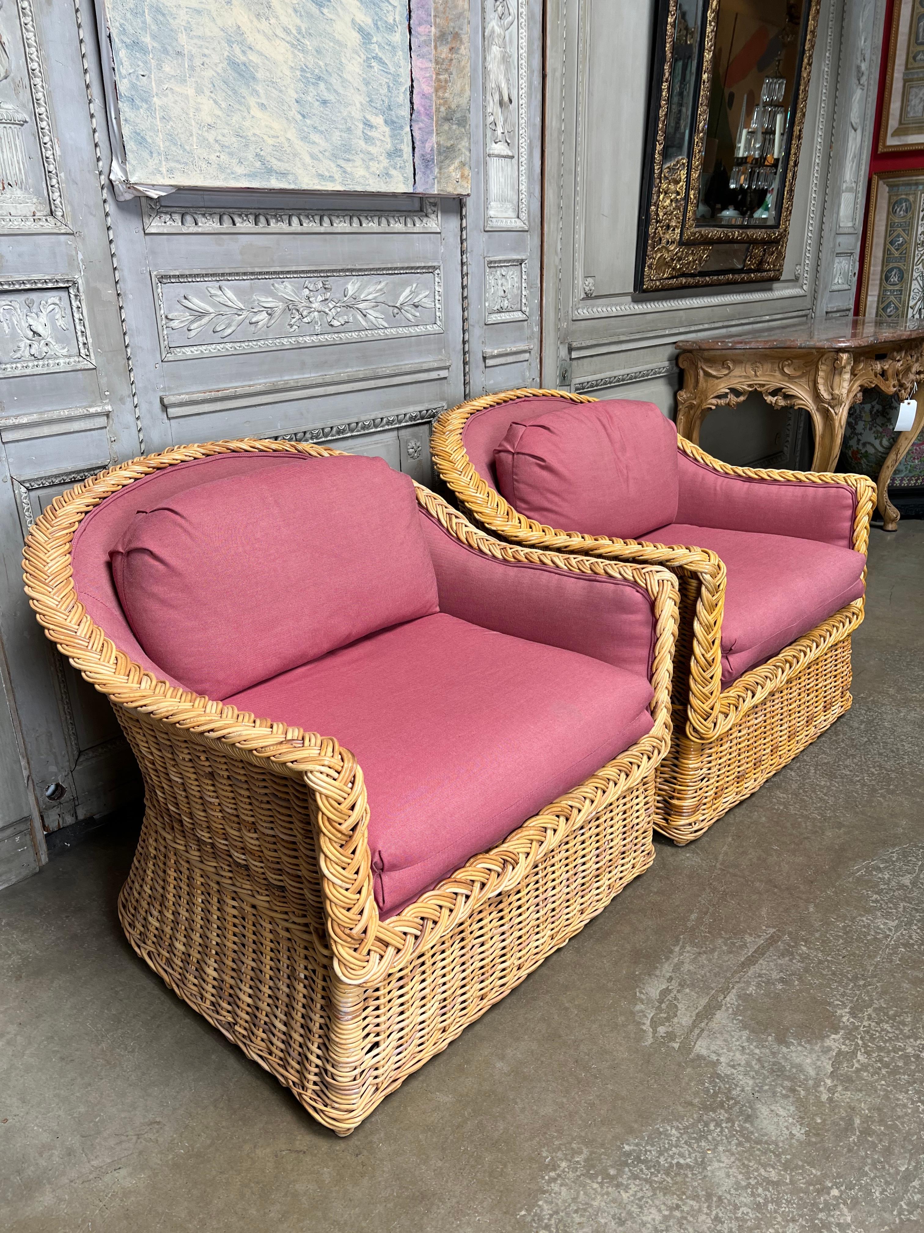 Pair of Large Wicker Works Club Chairs at 1stDibs