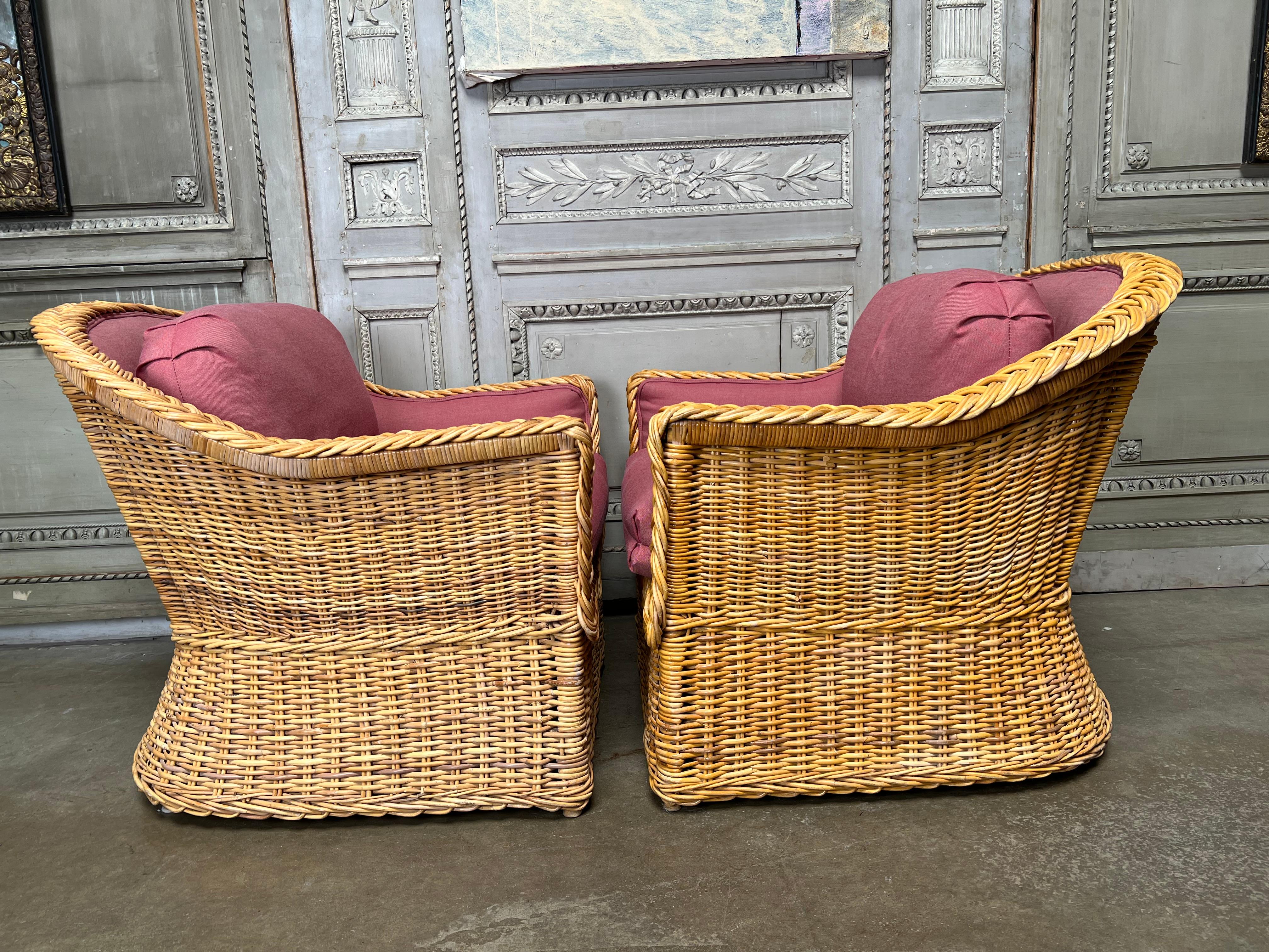 Italian Pair of Large Wicker Works Club Chairs