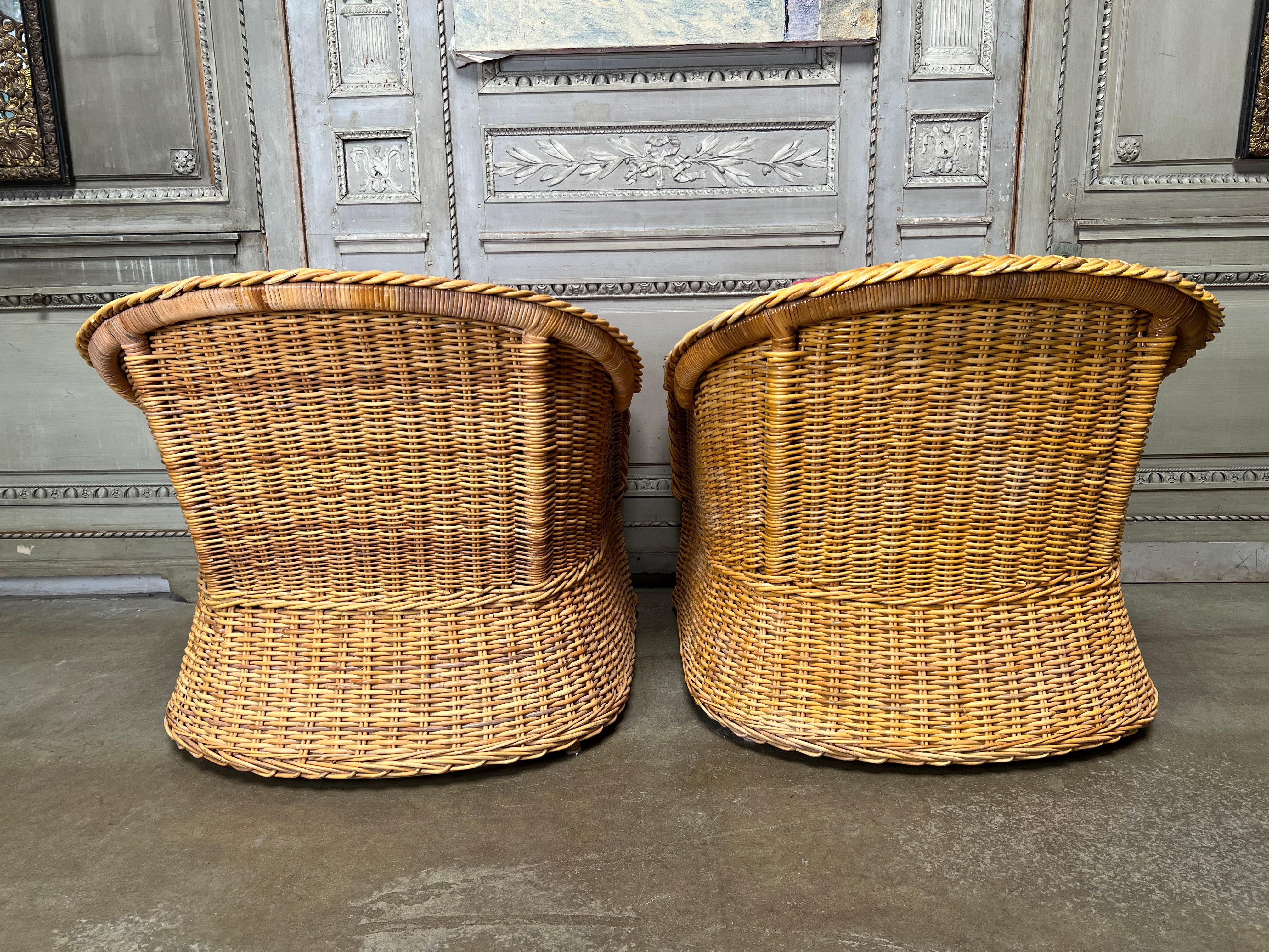 Woven Pair of Large Wicker Works Club Chairs
