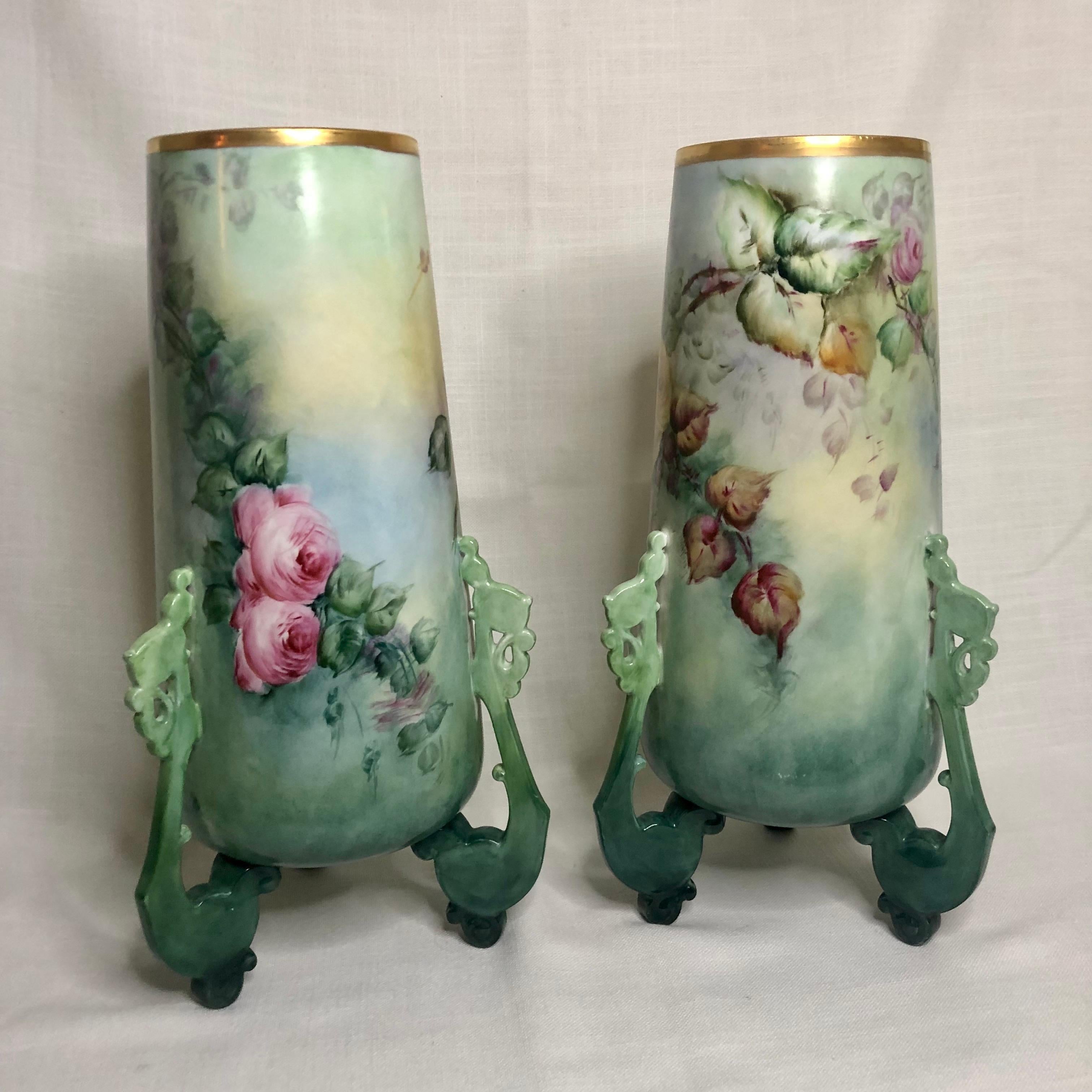 Pair of Large William Guerin Limoges Hand Painted Vases with Roses and Peonies 2