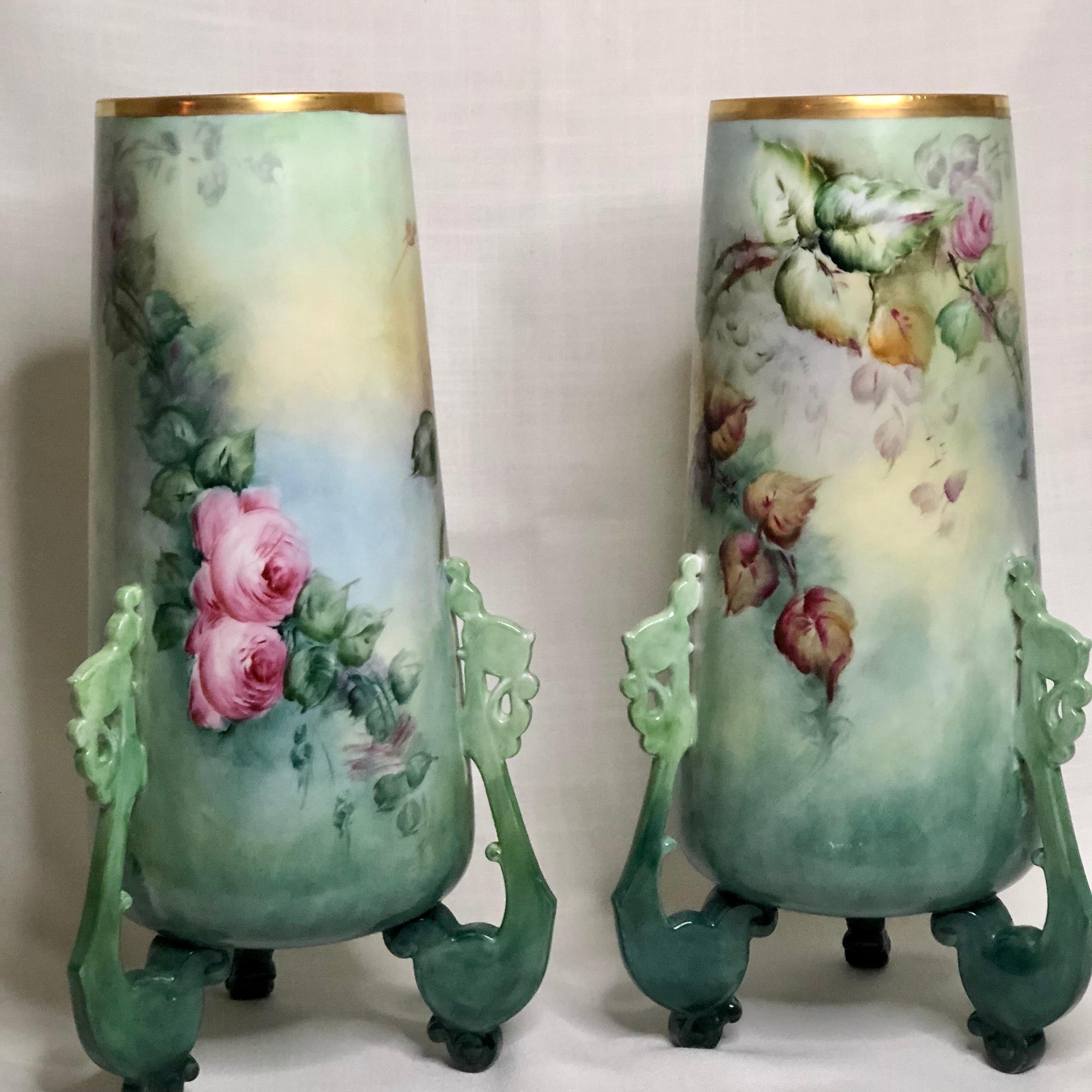 Pair of Large William Guerin Limoges Hand Painted Vases with Roses and Peonies 3