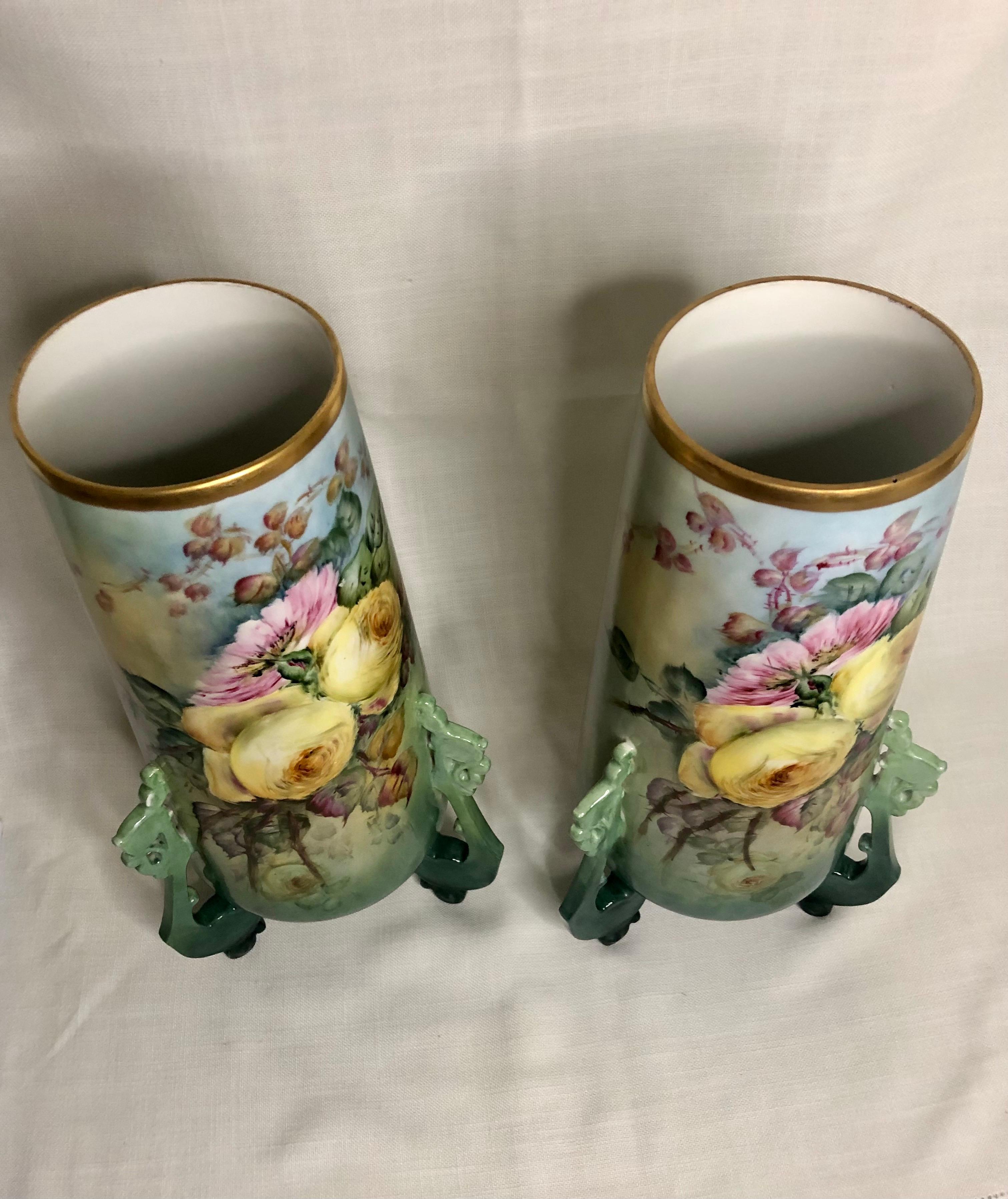 Pair of Large William Guerin Limoges Hand Painted Vases with Roses and Peonies 6