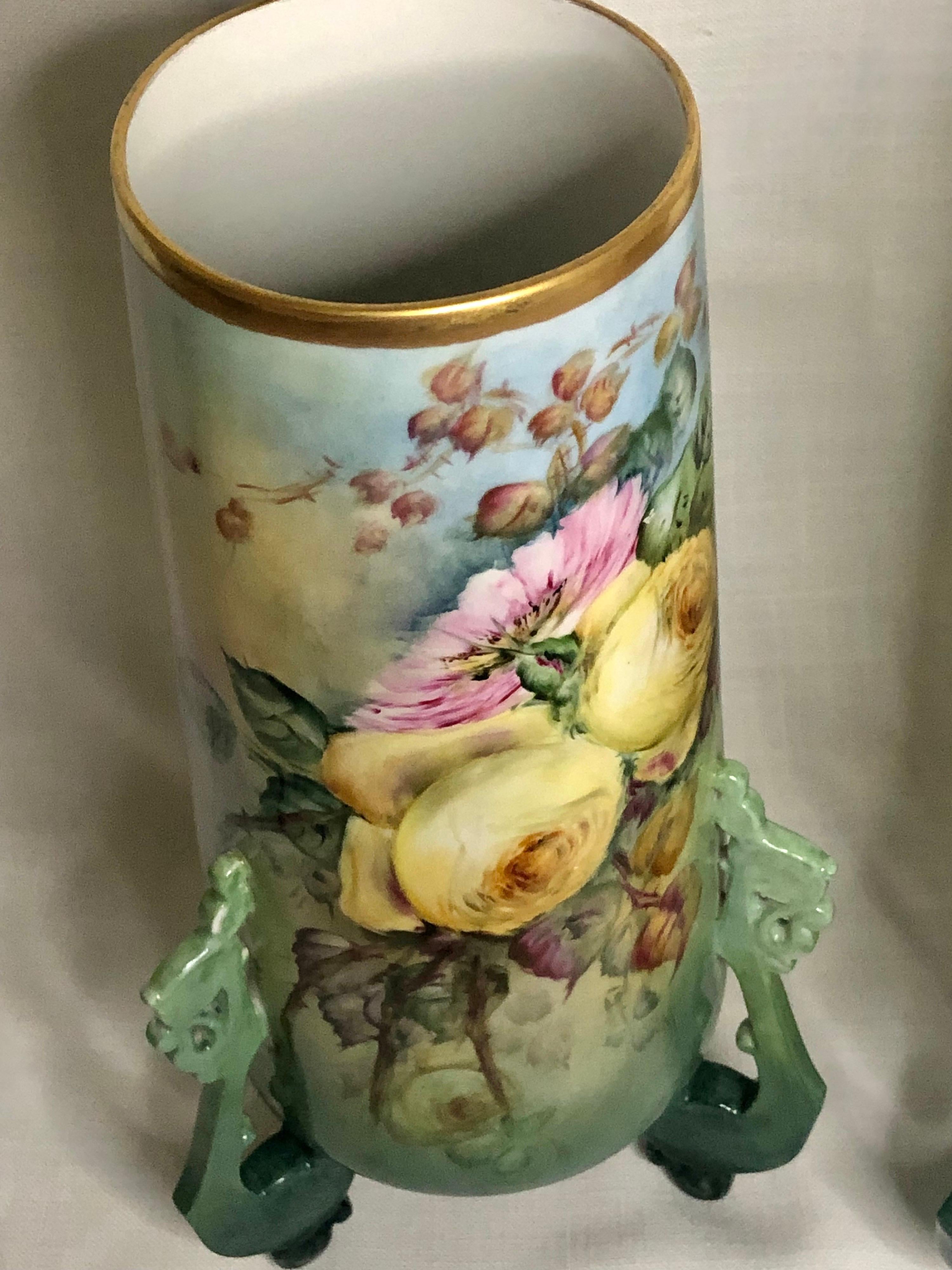Pair of Large William Guerin Limoges Hand Painted Vases with Roses and Peonies 7