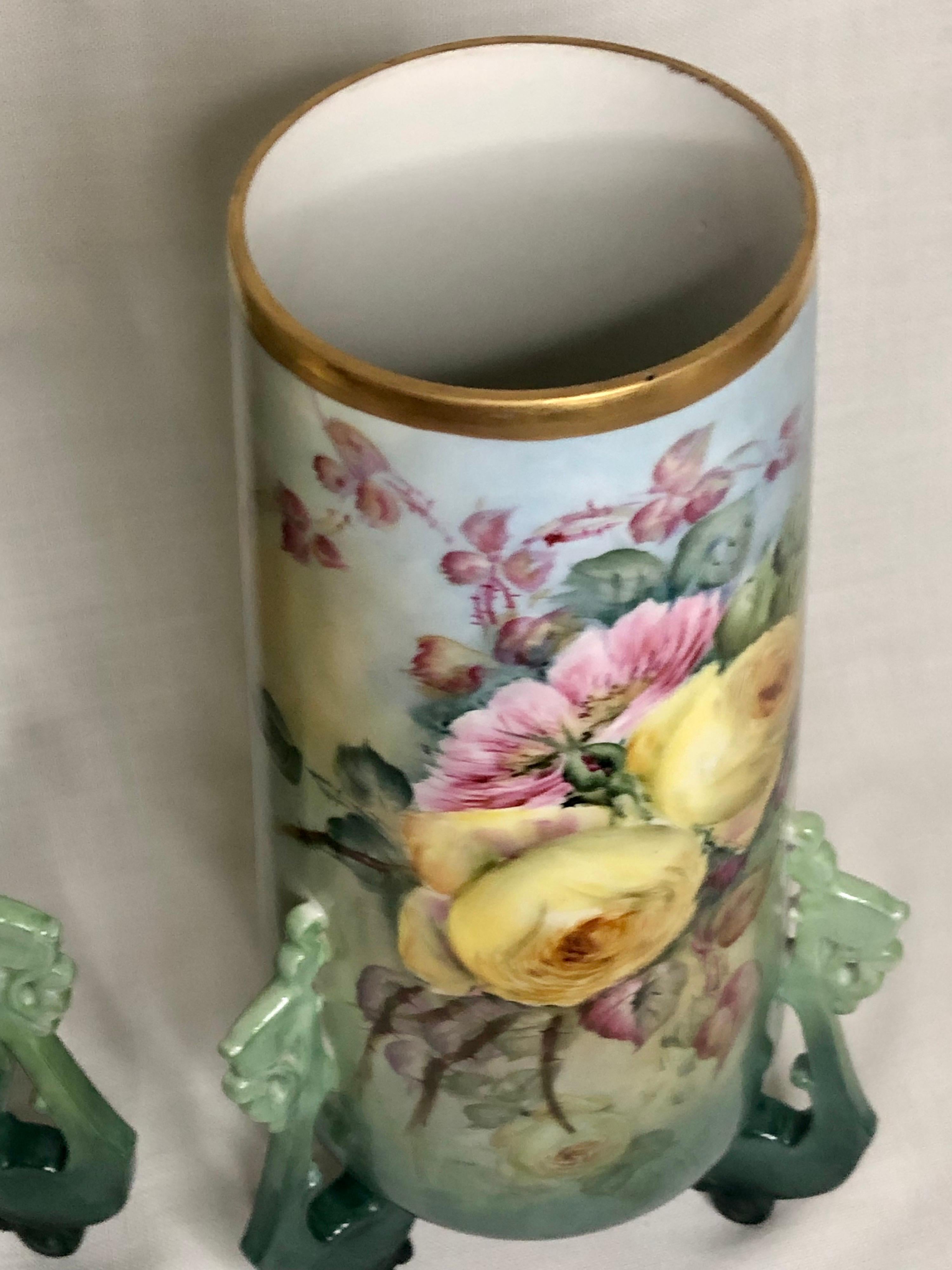 Pair of Large William Guerin Limoges Hand Painted Vases with Roses and Peonies 8