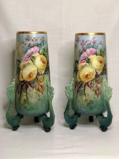 Pair of Large William Guerin Limoges Hand Painted Vases with Roses and Peonies