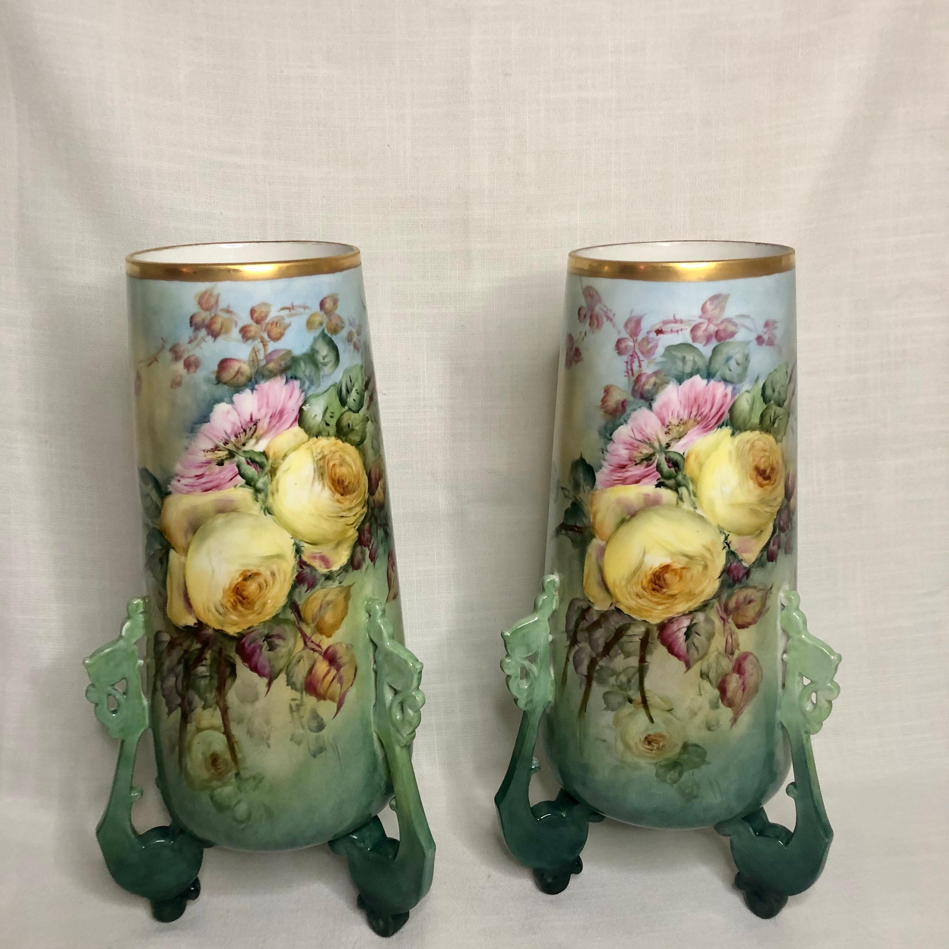 Romantic Pair of Large William Guerin Limoges Hand Painted Vases with Roses and Peonies