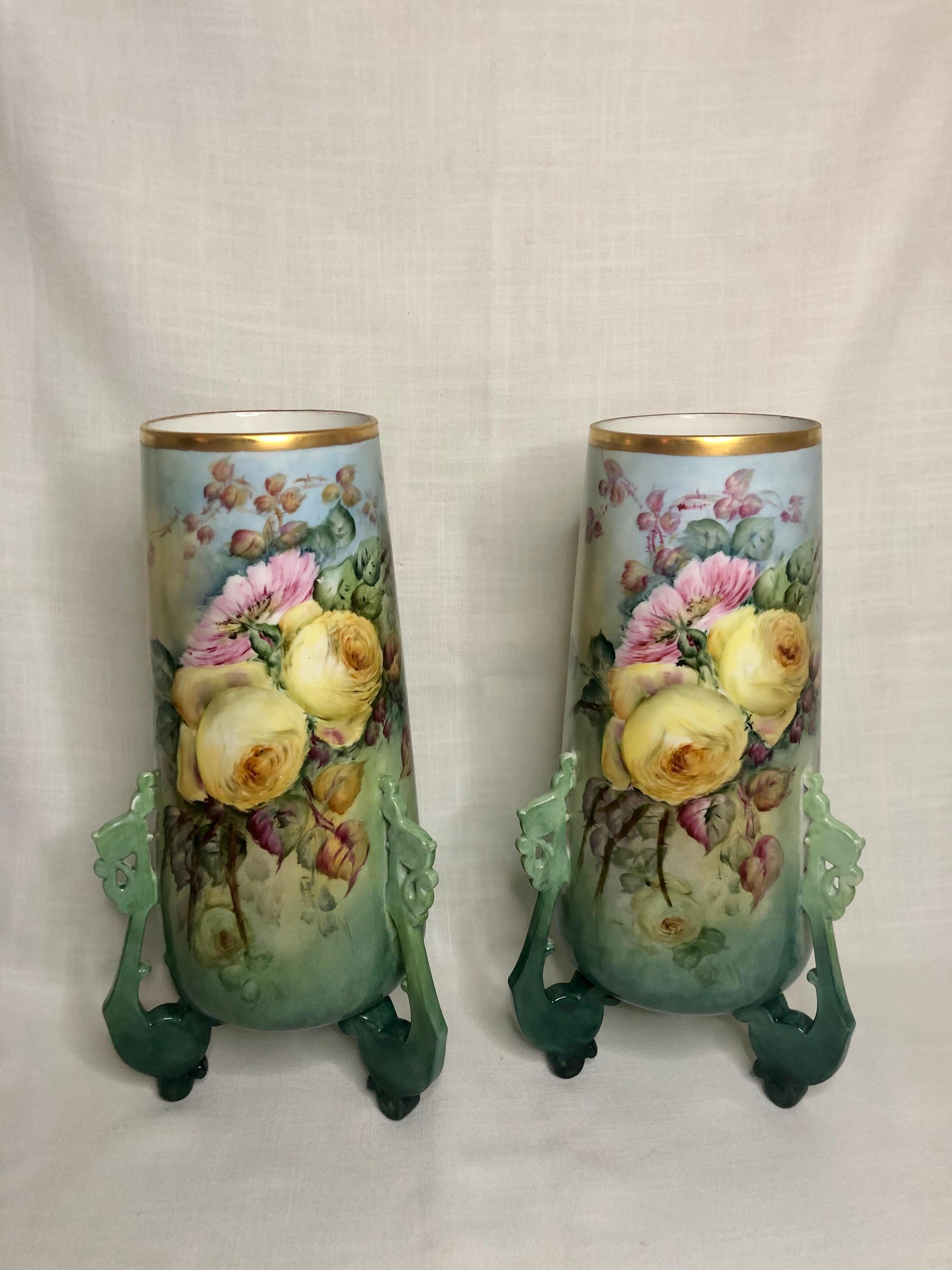 French Pair of Large William Guerin Limoges Hand Painted Vases with Roses and Peonies