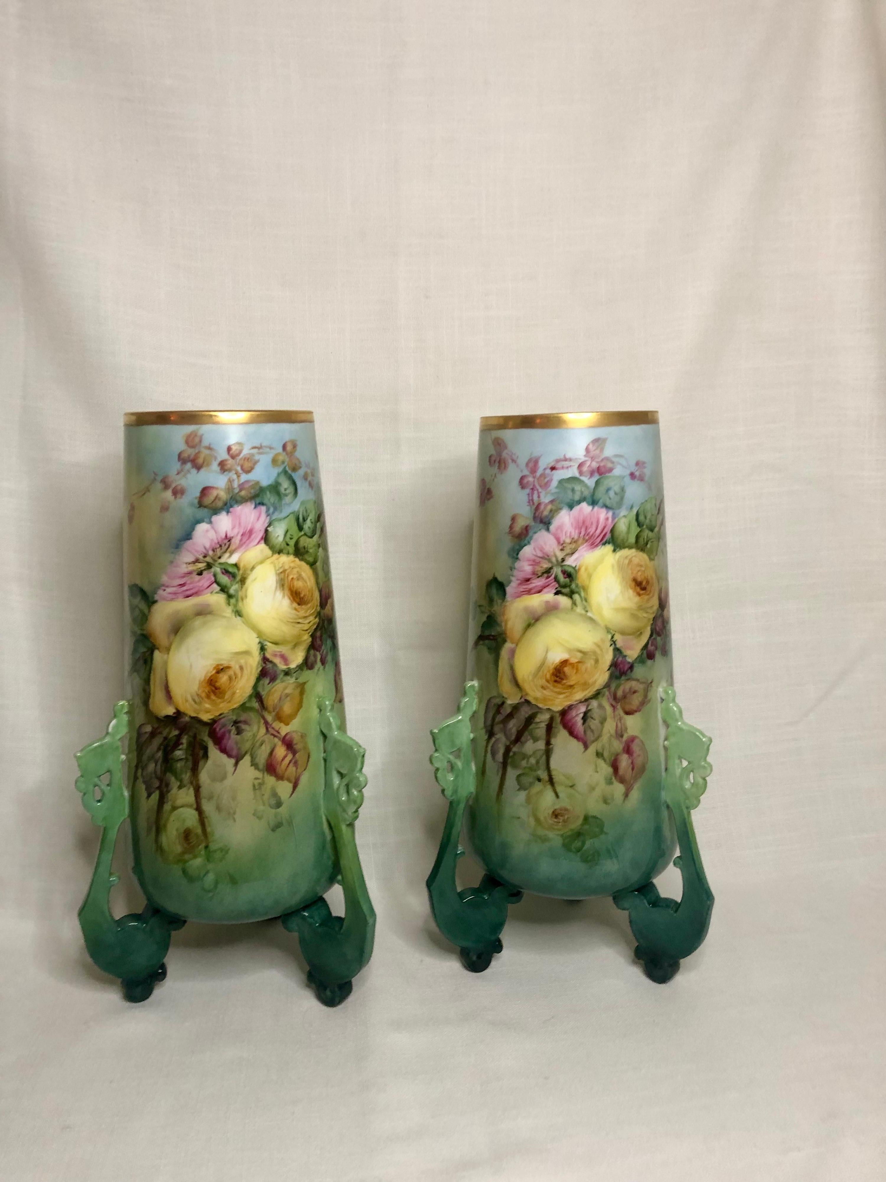 Hand-Painted Pair of Large William Guerin Limoges Hand Painted Vases with Roses and Peonies
