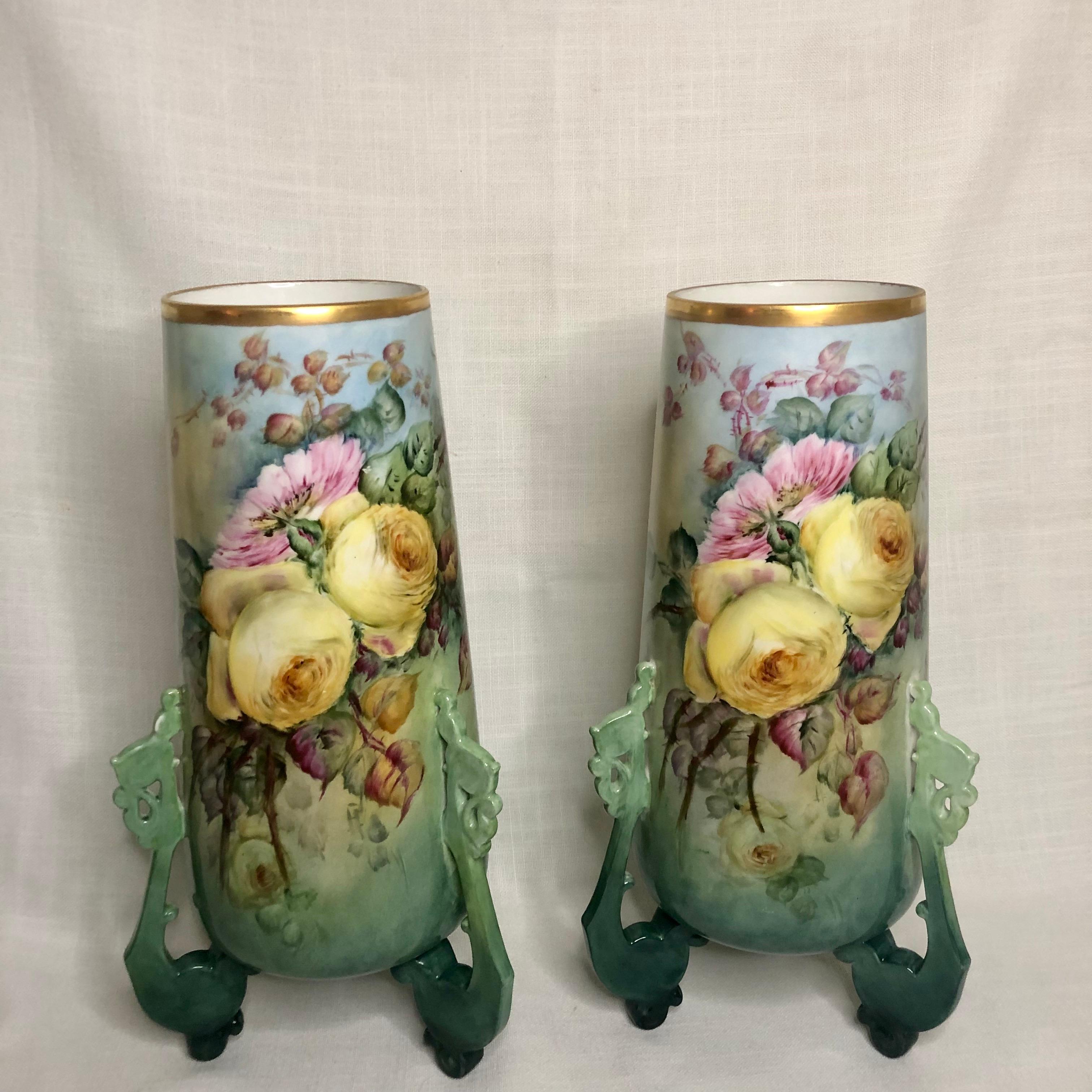 Pair of Large William Guerin Limoges Hand Painted Vases with Roses and Peonies In Good Condition In Boston, MA
