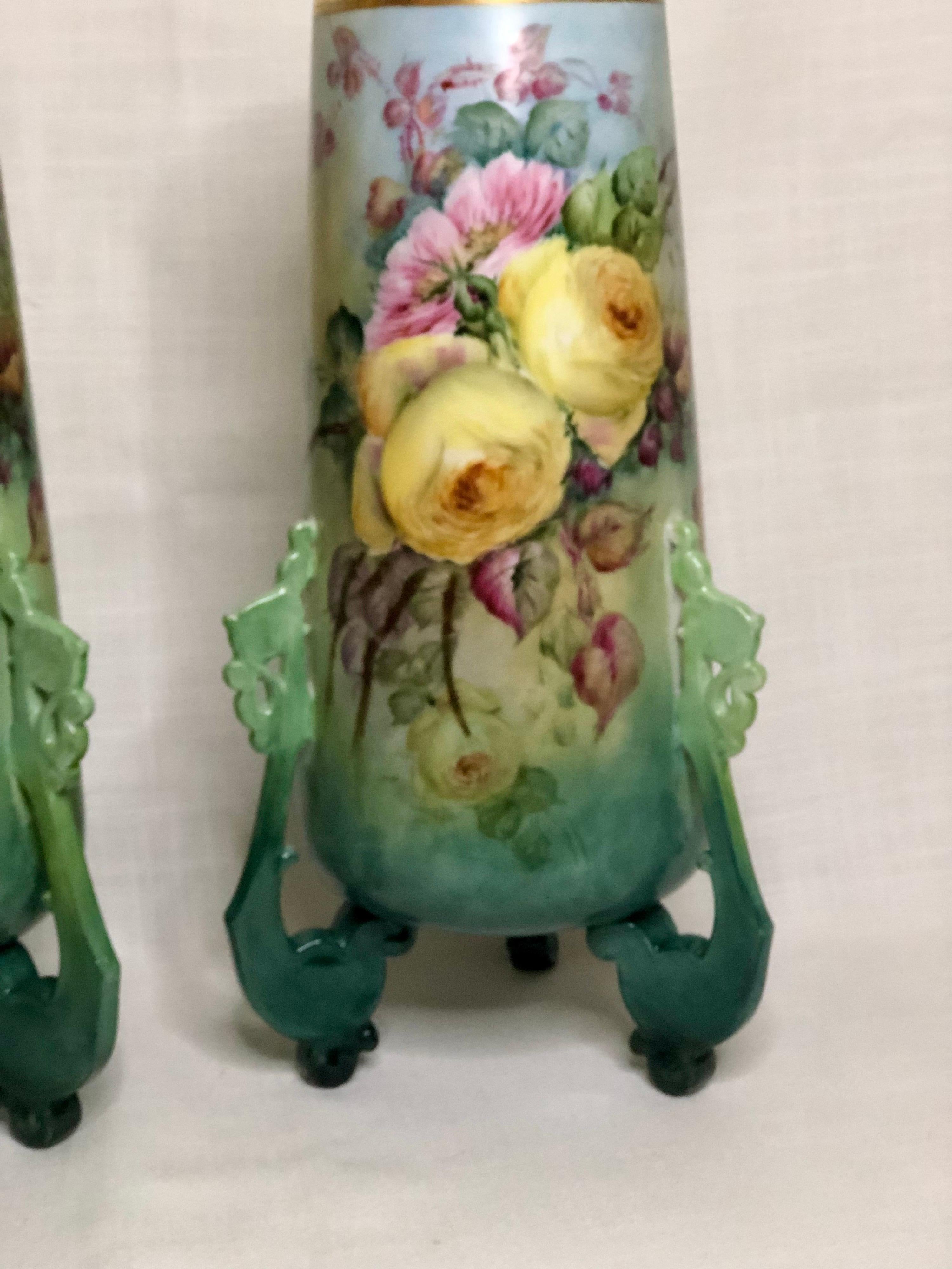 Early 20th Century Pair of Large William Guerin Limoges Hand Painted Vases with Roses and Peonies