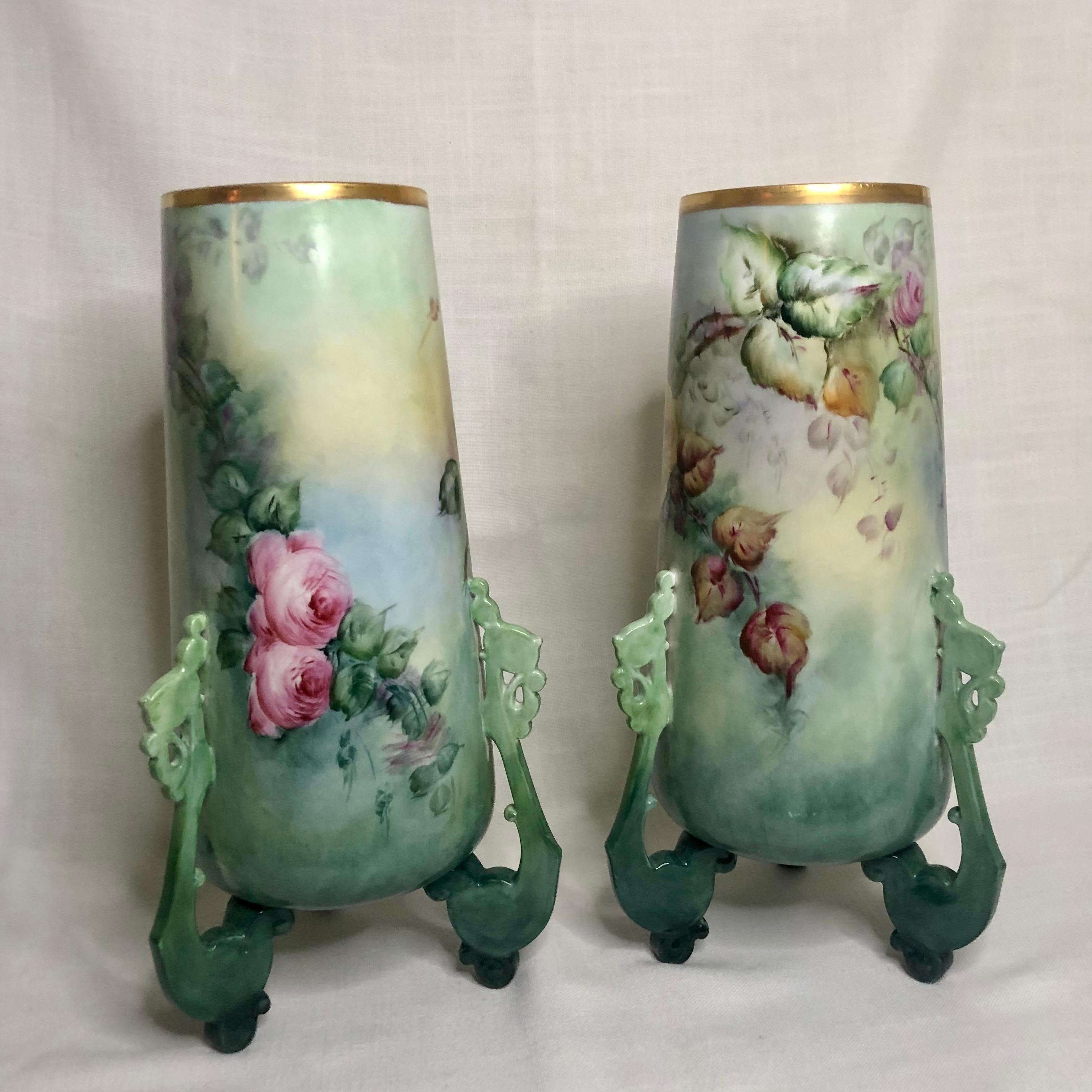 Pair of Large William Guerin Limoges Hand Painted Vases with Roses and Peonies 1