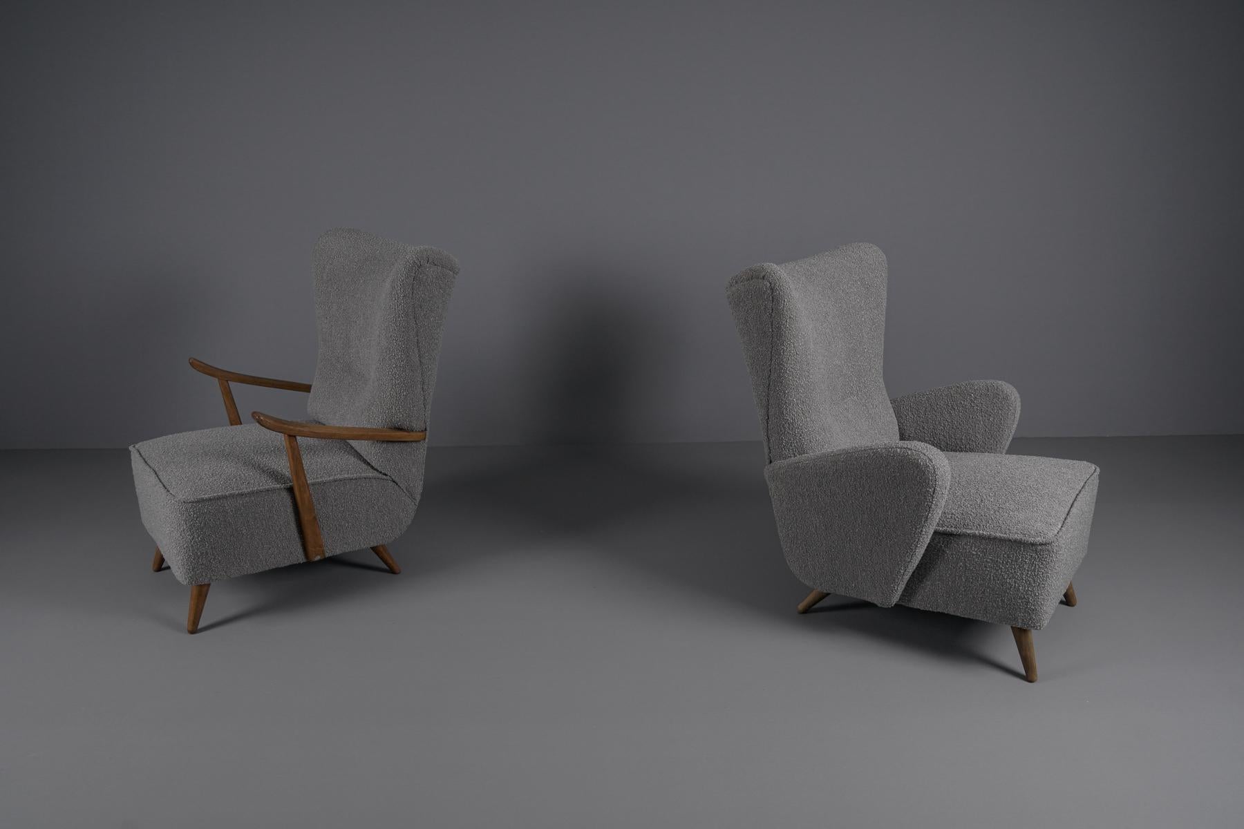 Bouclé Pair of Large Wingback Armchairs in Grey Boucle Fabric, 1950s For Sale