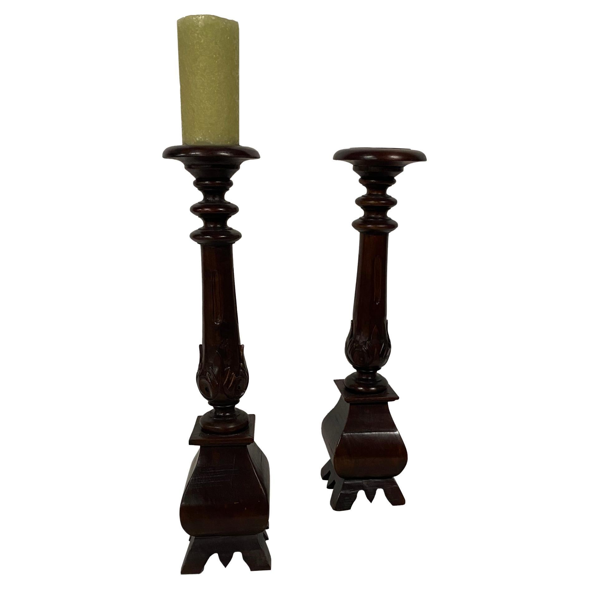 Pair of Large Wood Candlesticks For Sale