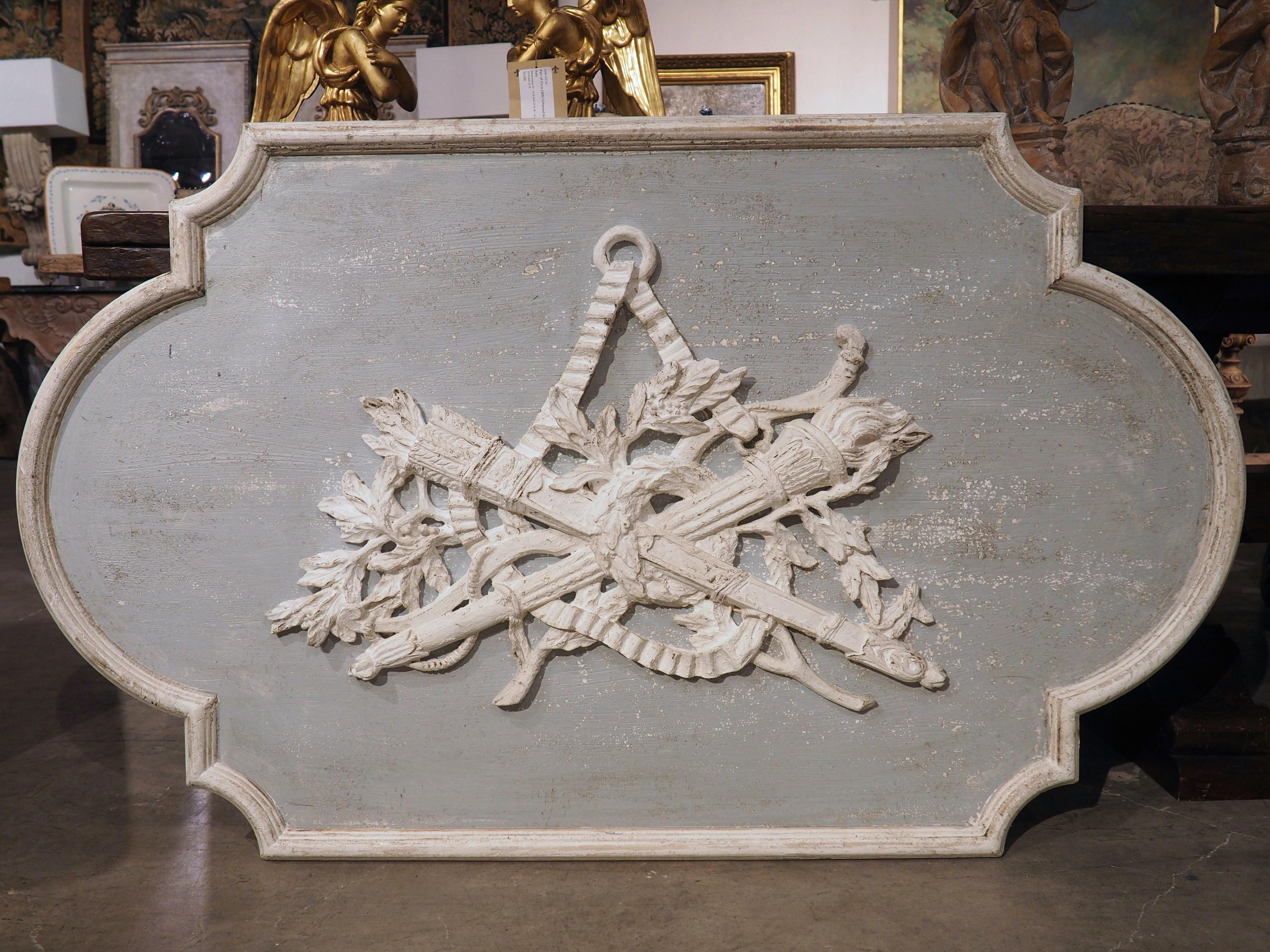 Pair of Large Wooden Blue and White Louis XVI Style Trophy Panels In Good Condition For Sale In Dallas, TX