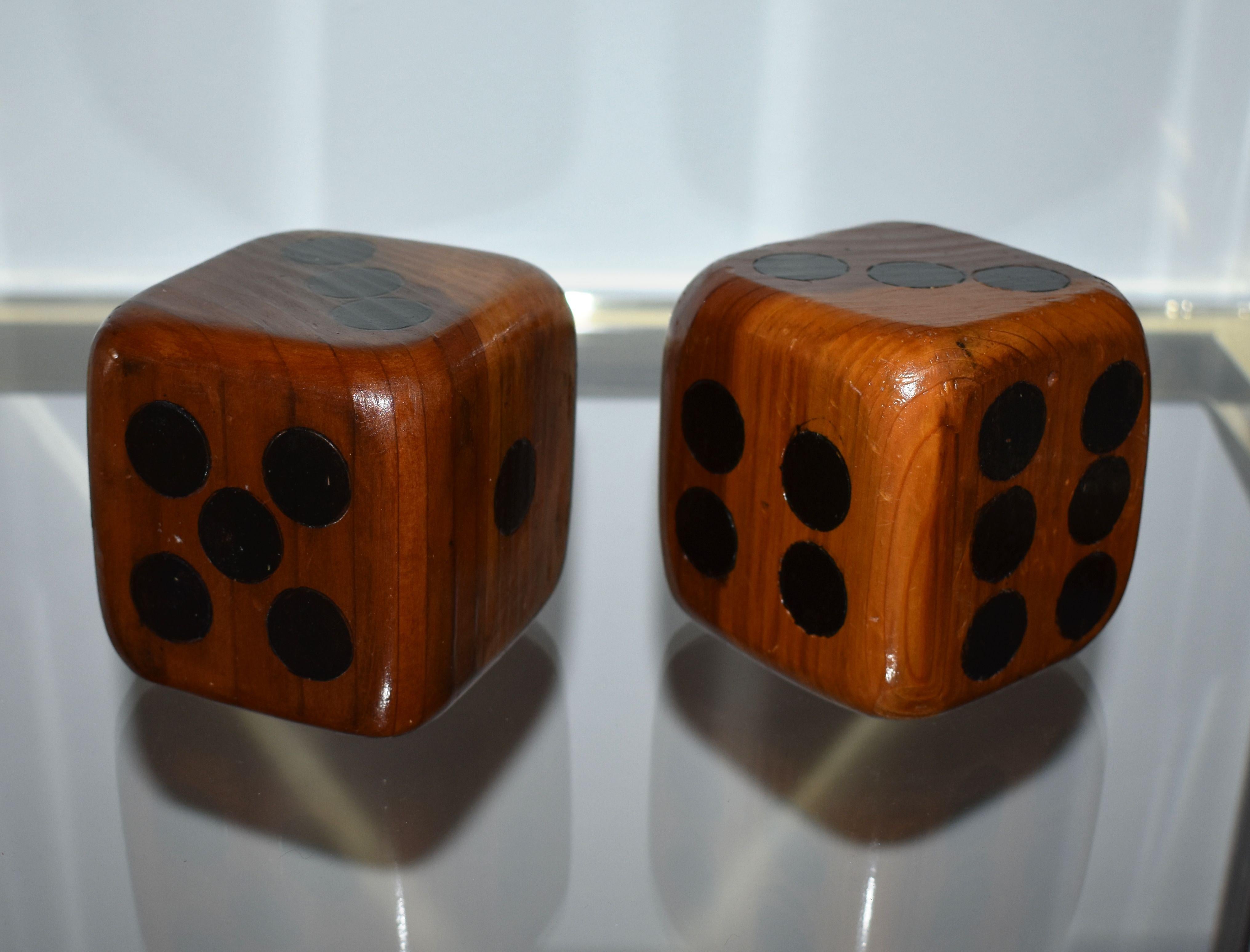 Pair of 1970s cedar wood handcrafted paperweight dices.