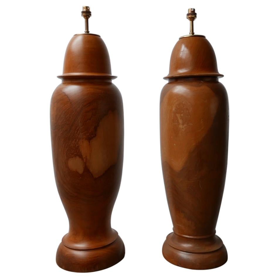 Pair of Large Wooden Mid-Century Table Lamps