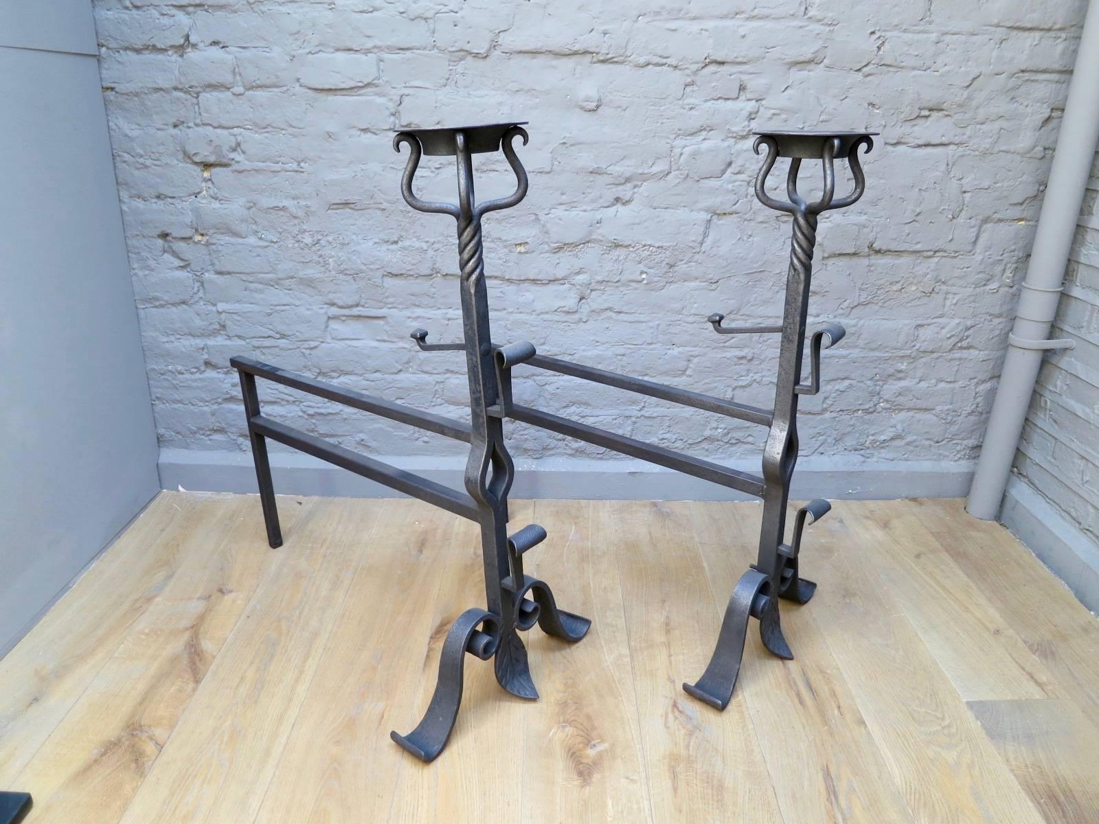 French Pair of Large Wrought Iron Fire Dogs