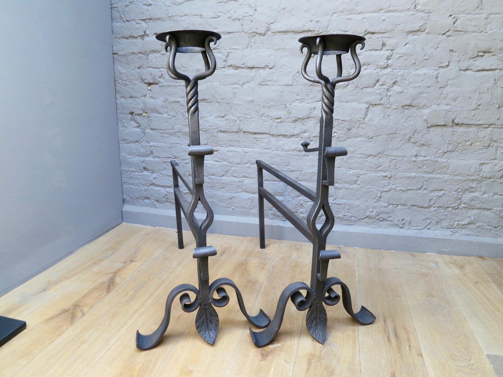 Pair of Large Wrought Iron Fire Dogs In Good Condition In London, GB