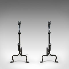 Pair of Large Wrought Iron Firedogs French Andirons Forged Art Deco 20th Century